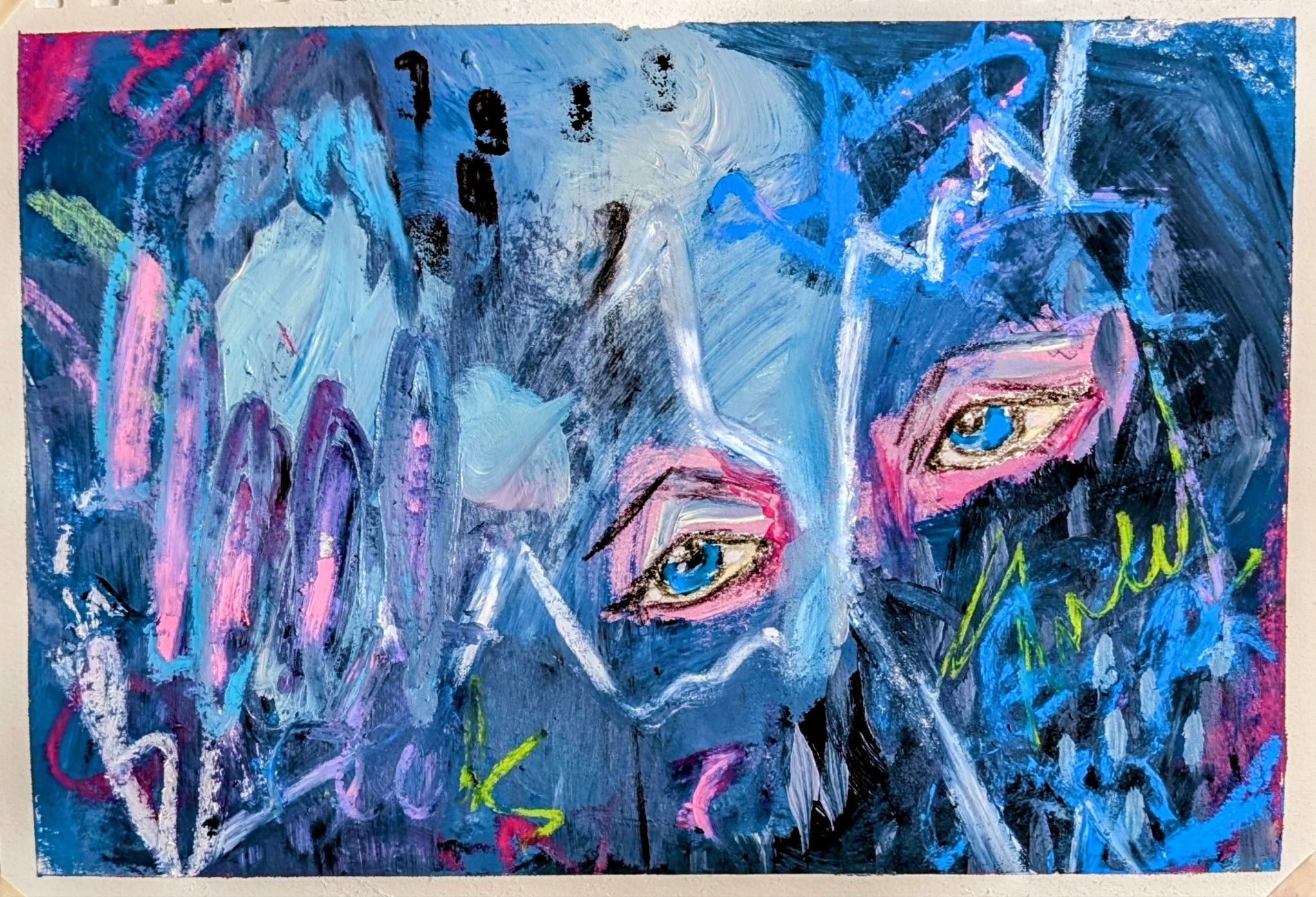 Acrylic, charcoal and oil stick on paper.