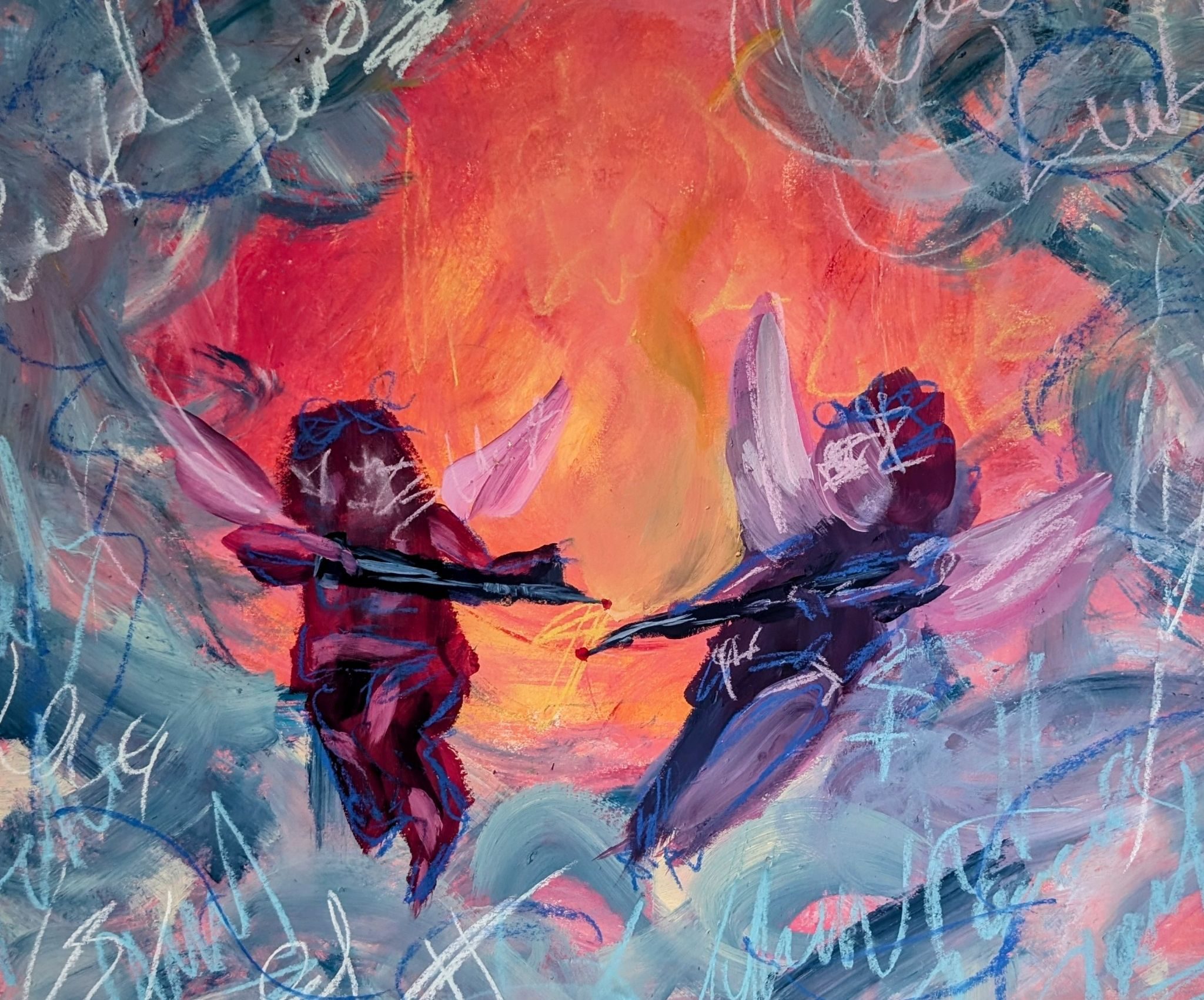 Acrylic, oil stick and pastel on paper.