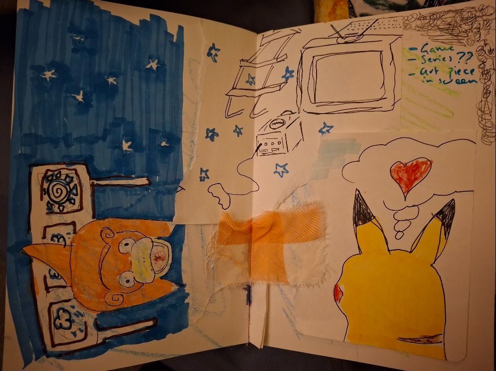 Collage of installation concept including a sketch of a TV, a pikachu and a slowpoke (from Pokemon Channel)