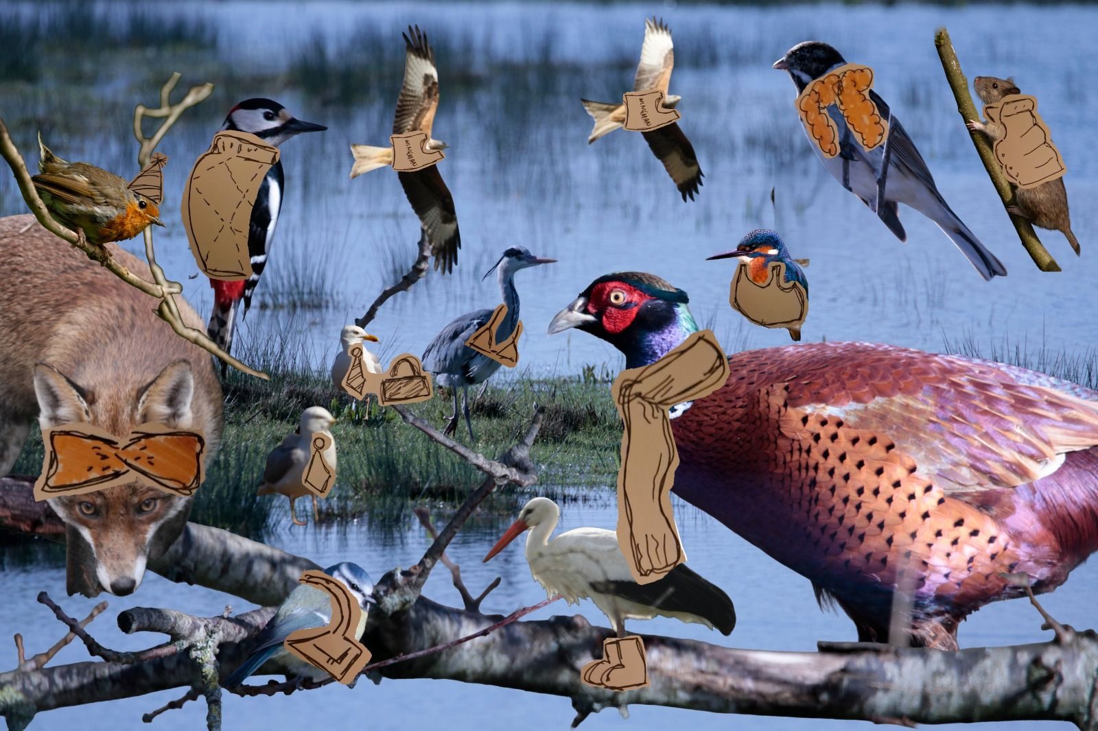 Digital collage of various birds and small animals with sketched items of clothing superimposed over each