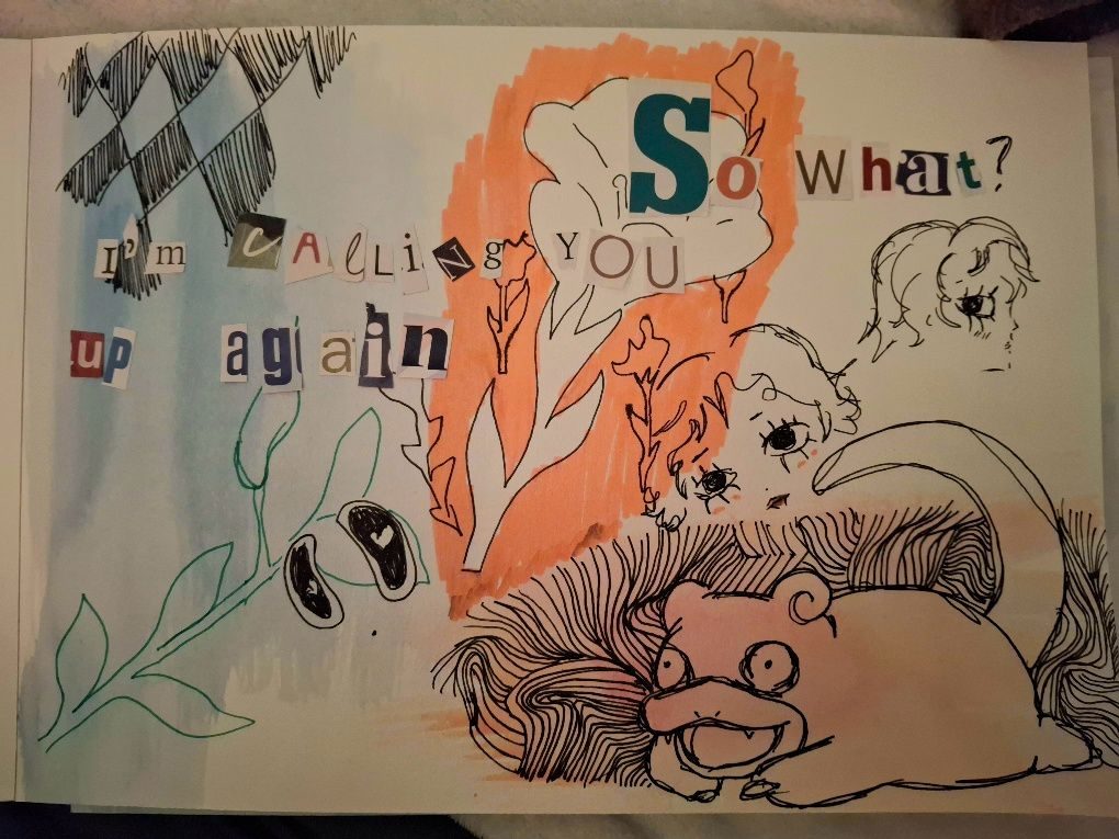 Watercolour/marker collage featuring black ballpoint doodles including a slowpoke, some portrait illustrations and flowers. 