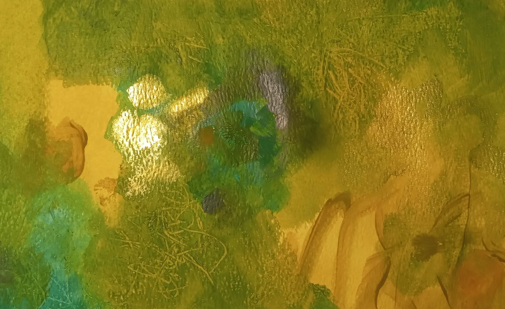 Acrylic abstract painting on paper, using limey, leaf and gold greens.