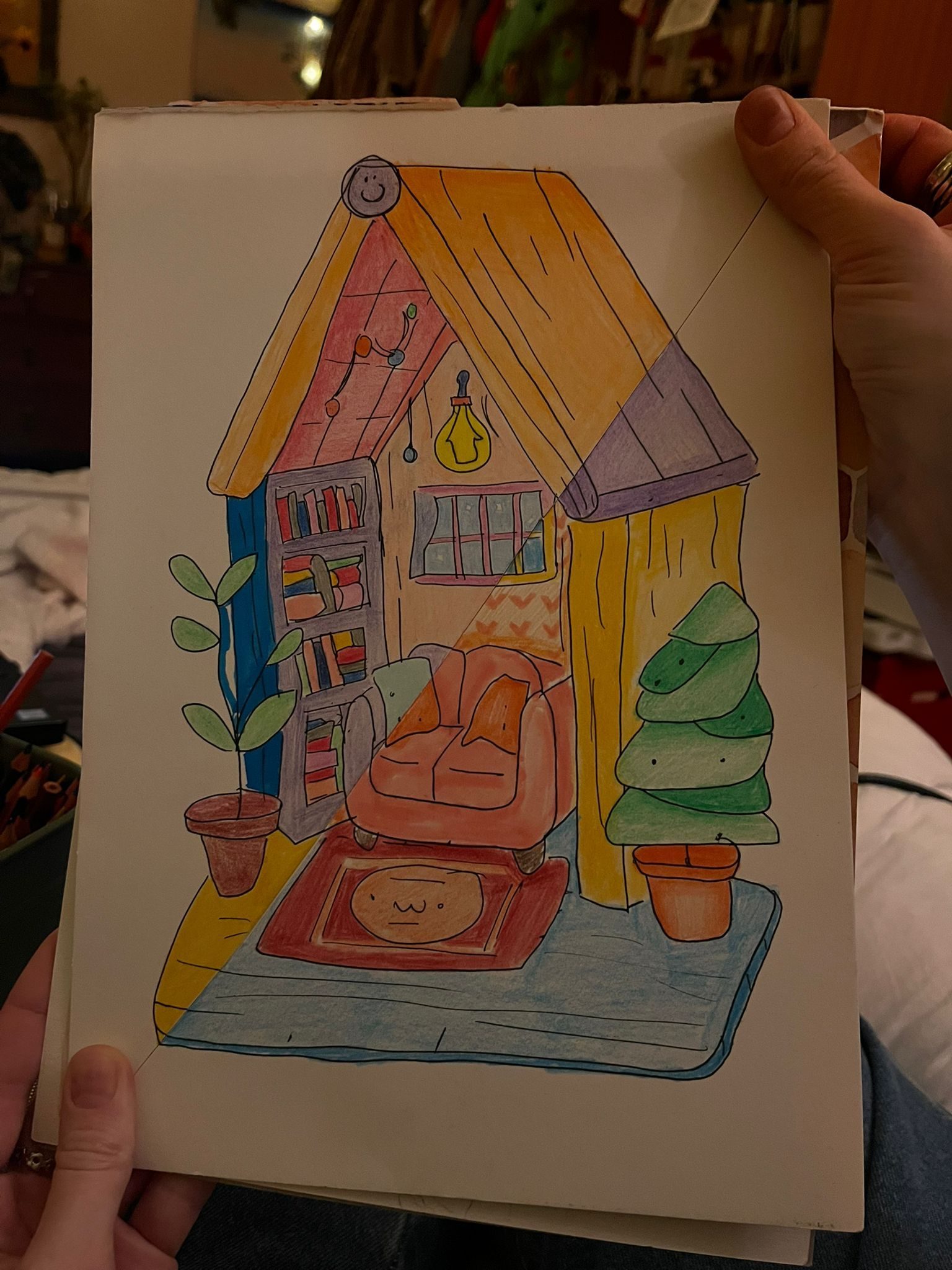 Coloured in cartoon house, split in two coloured differently