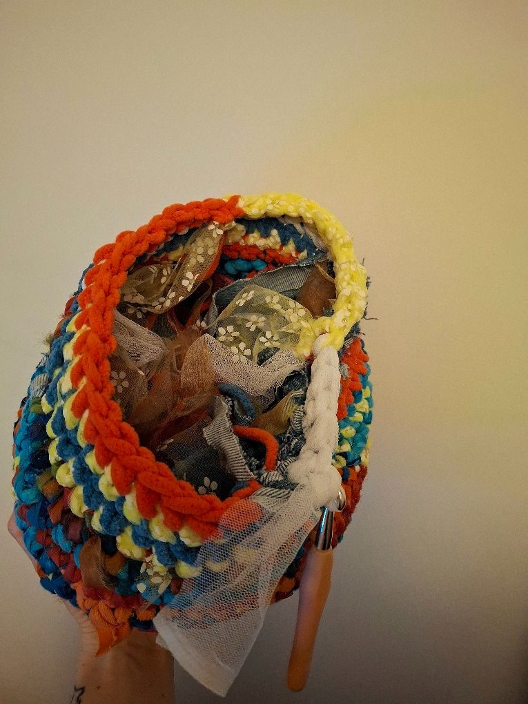 Crochet basket made of scrap fabric