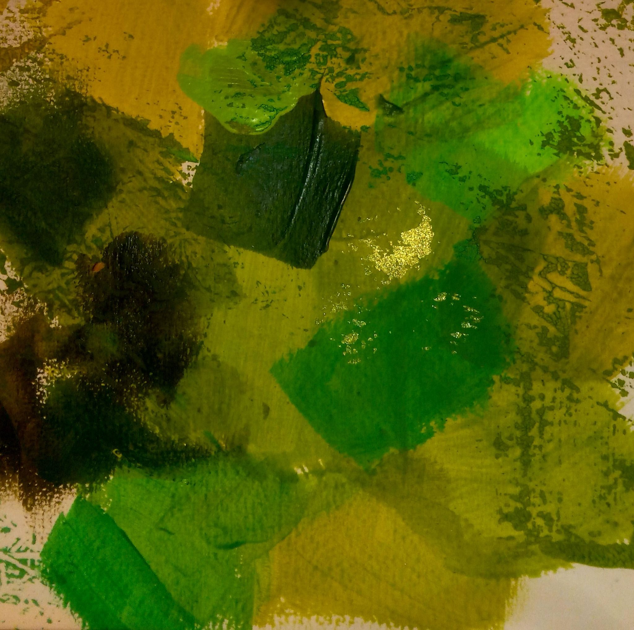 Acrylic abstract painting on paper, using limey, leaf and gold greens.