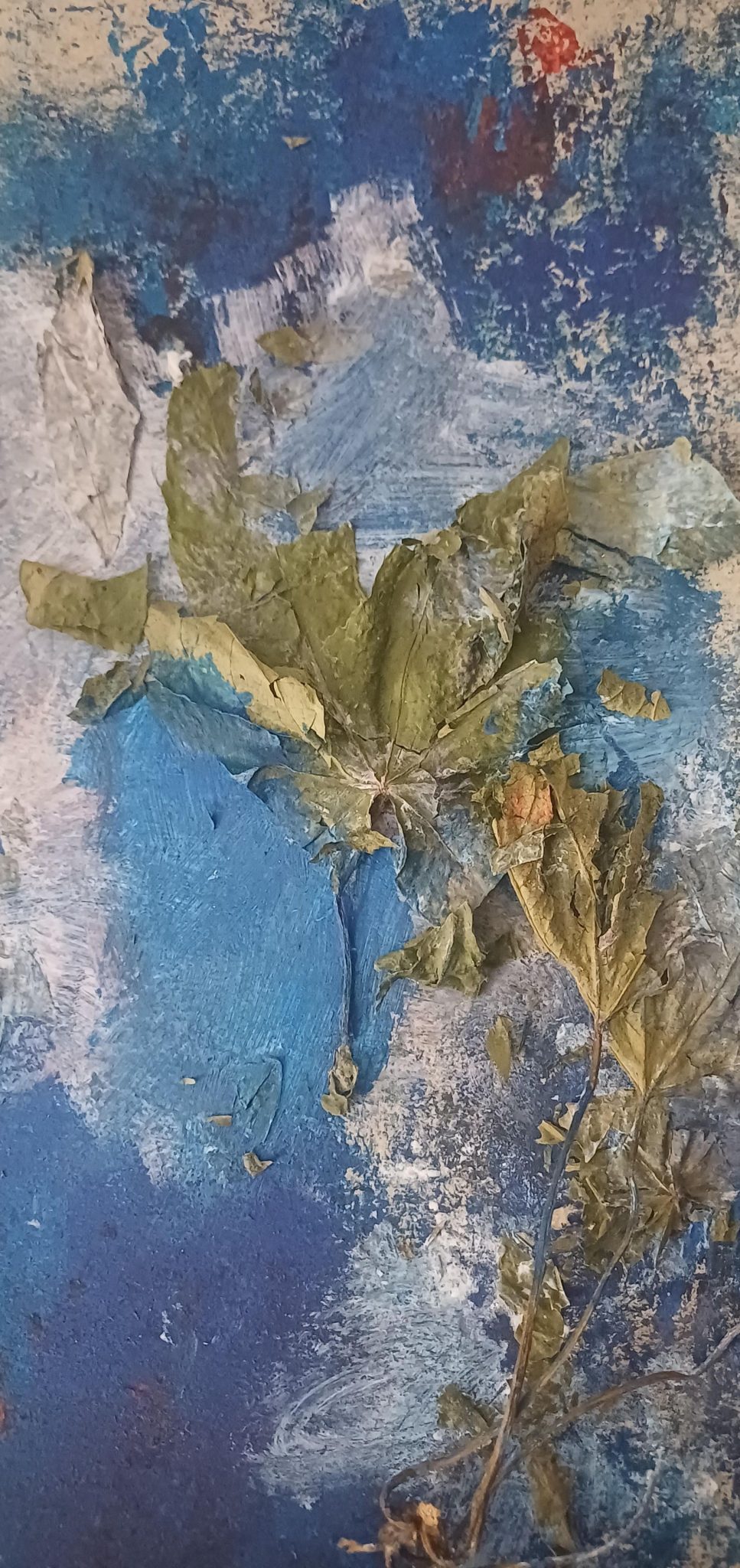 dry leaves covered in paint on a cardboard print in blue and white