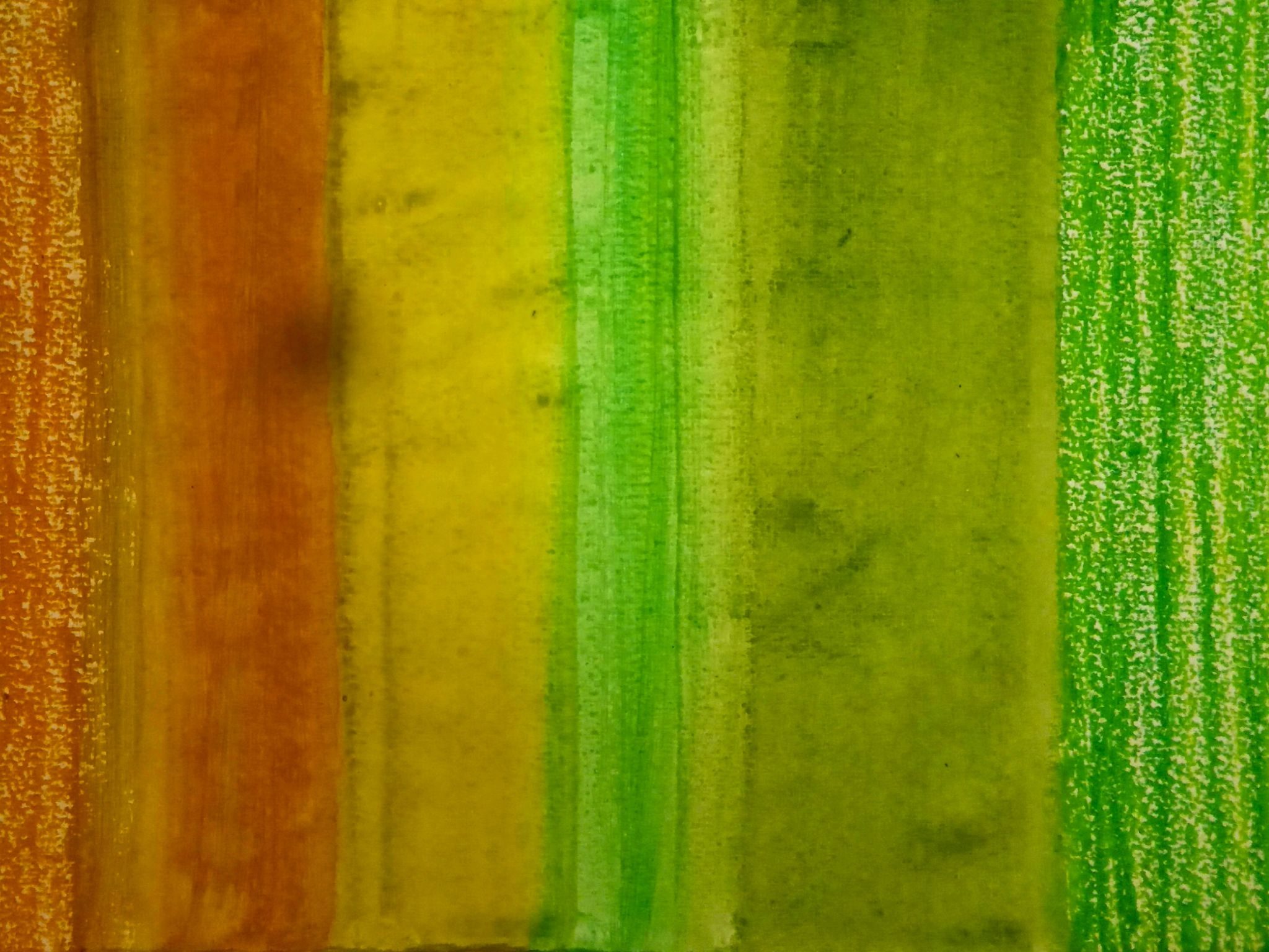 Vertical bands of colours, from left to right, mustard pastel, ochre acrylic, green gold acrylic, sap green acrylic, leaf green pastel