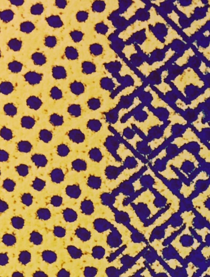 Series of regular printed dots coer image. On right half are a series of squares, arranged in a diamond pattern overlapping dots. Dots and squares dark blue, background pale yellow.