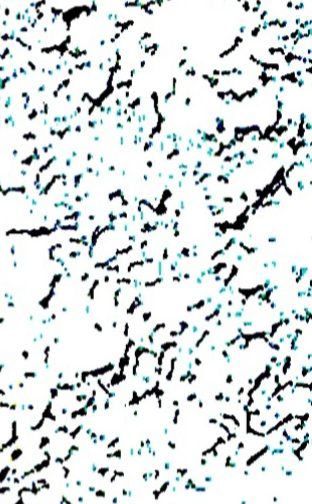 Random short black lines and blue dots on white background