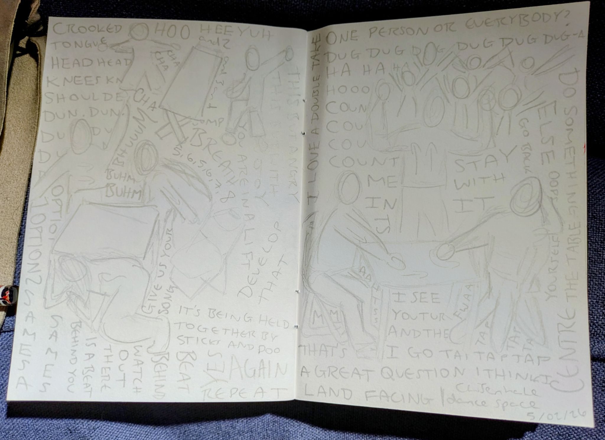 A pencil sketch of people dancing, surrounded by phrases from a dance class