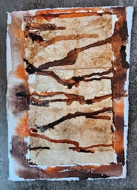 Collage on handmade paper using acrylic ink and tea bags