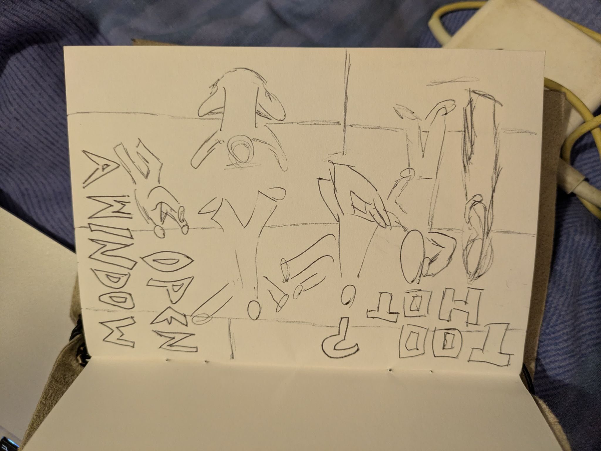 Doodle of. Groups of people in a dance class and text that reads 'too hot? Open a window'