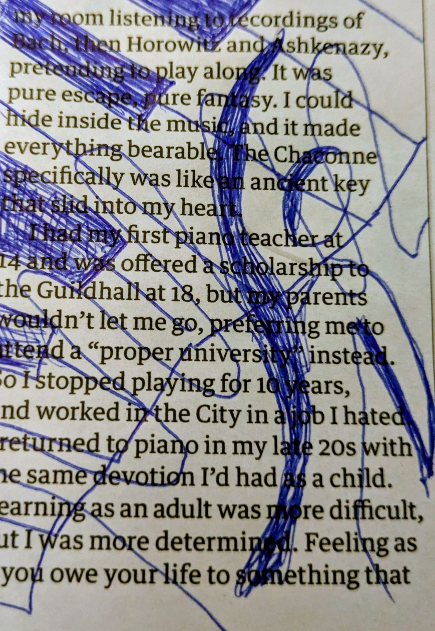 An extract from page 37 of the guardian supplement with blue pen drawing of piano keys and a dancing figure on top of text.