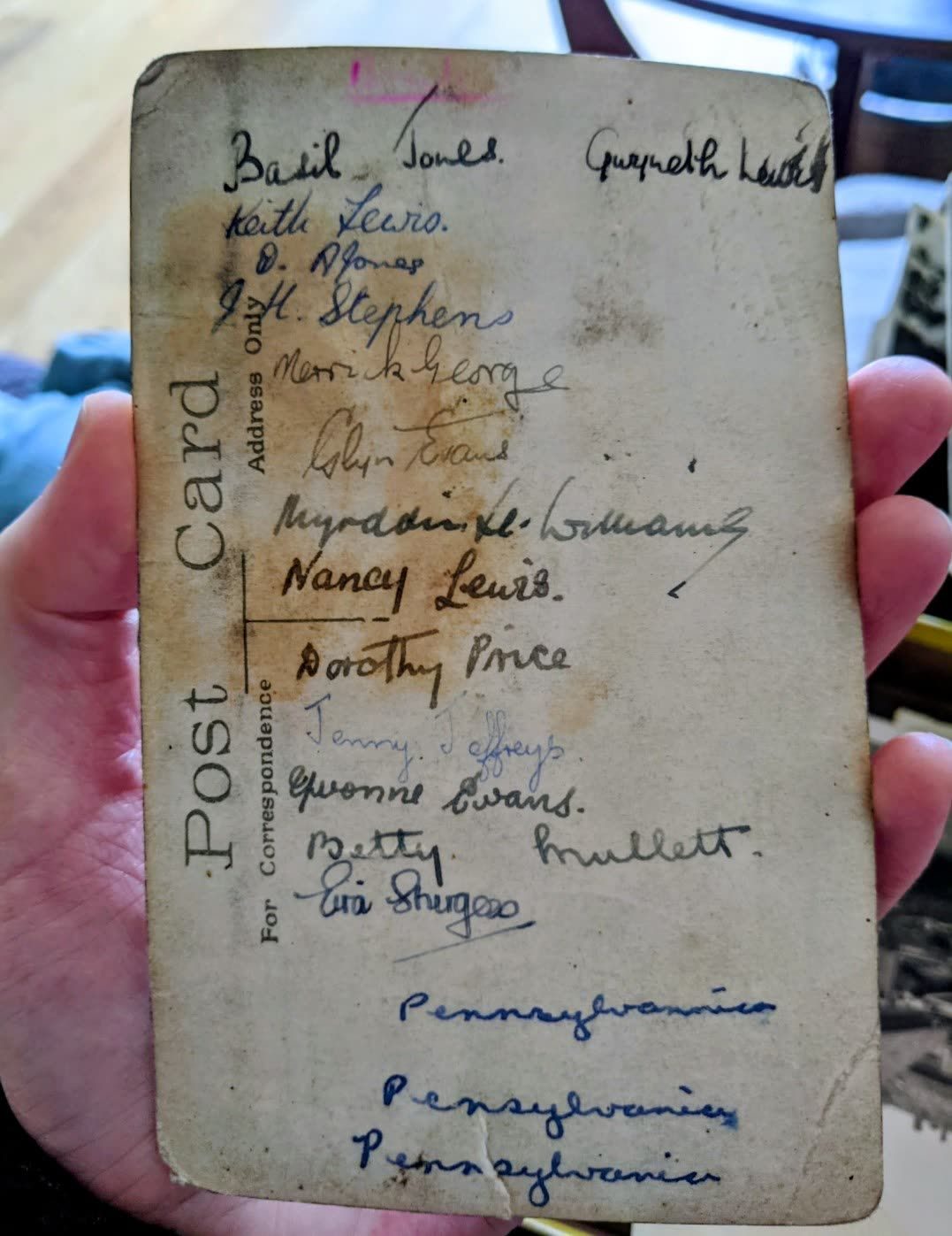 Old postcard with names and Pennsylvania written on it three times