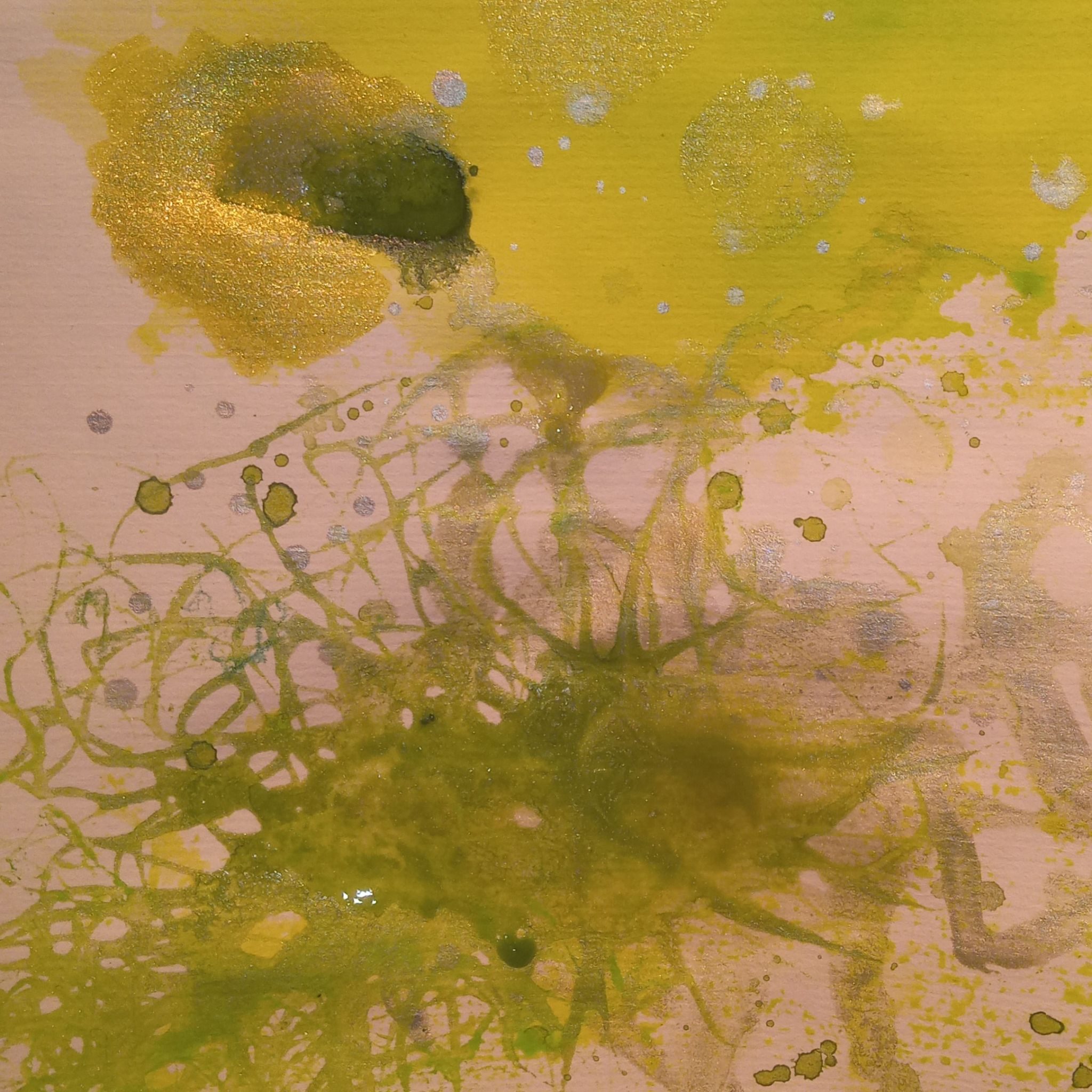 Abstract, using greens and silver ink