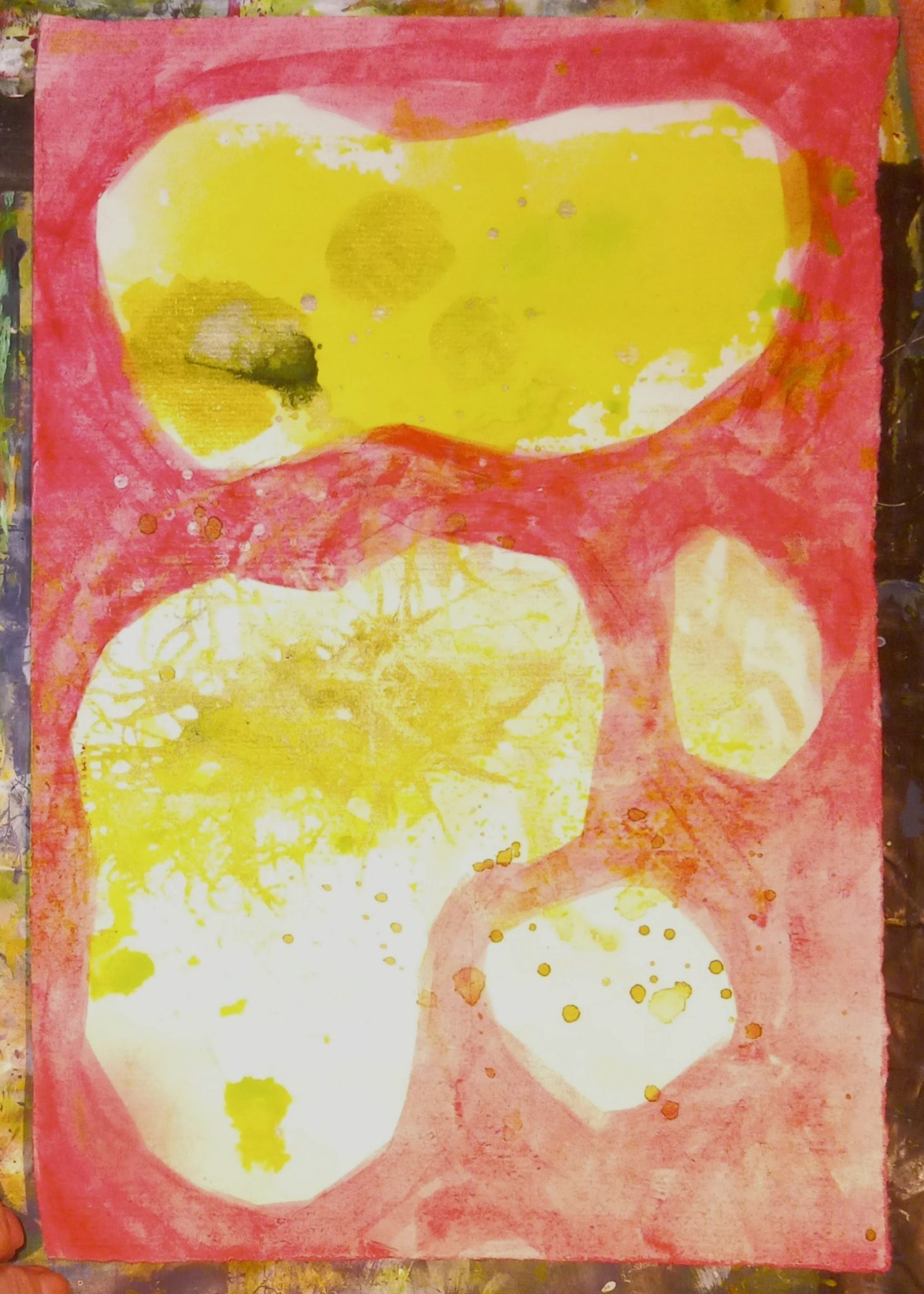 Abstract mark-making in lime green and magenta