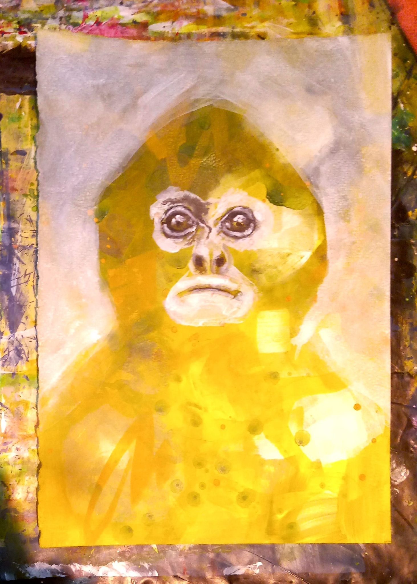 Acrylic abstracted monkey face in shades of limey greens and white