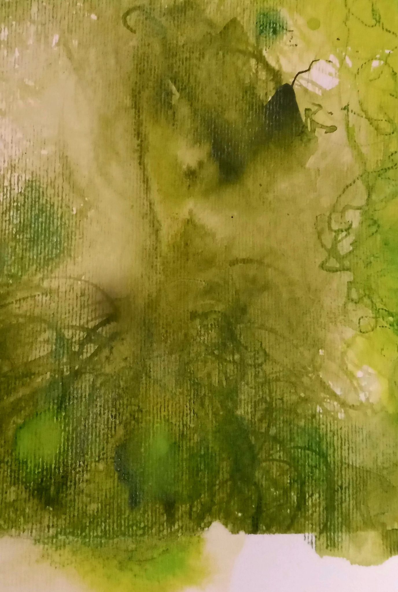 Green acrylic, pastel and pencil mark-making abstract on paper