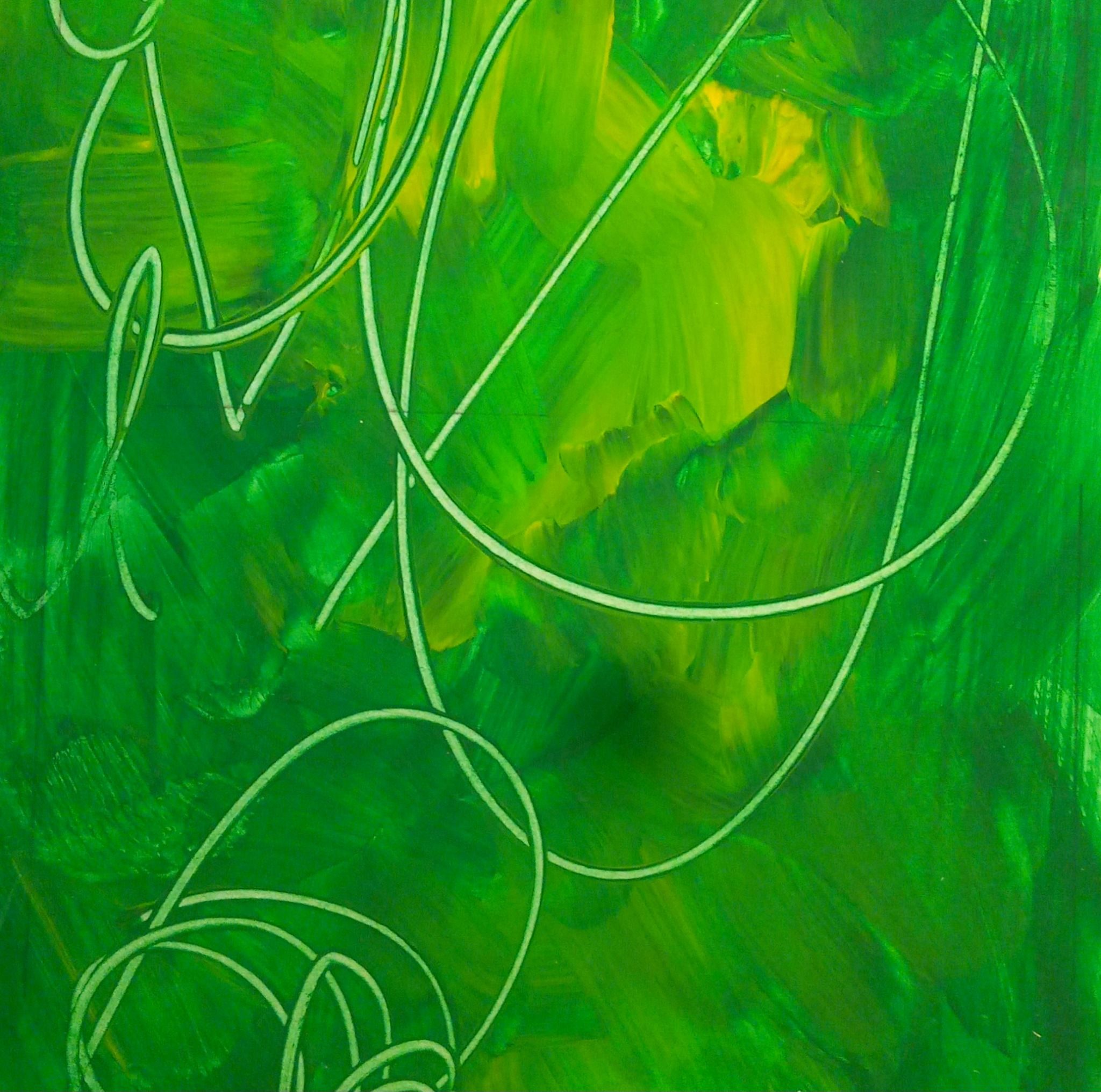 Acrylic abstract painting on paper, using limey, leaf and gold greens.
