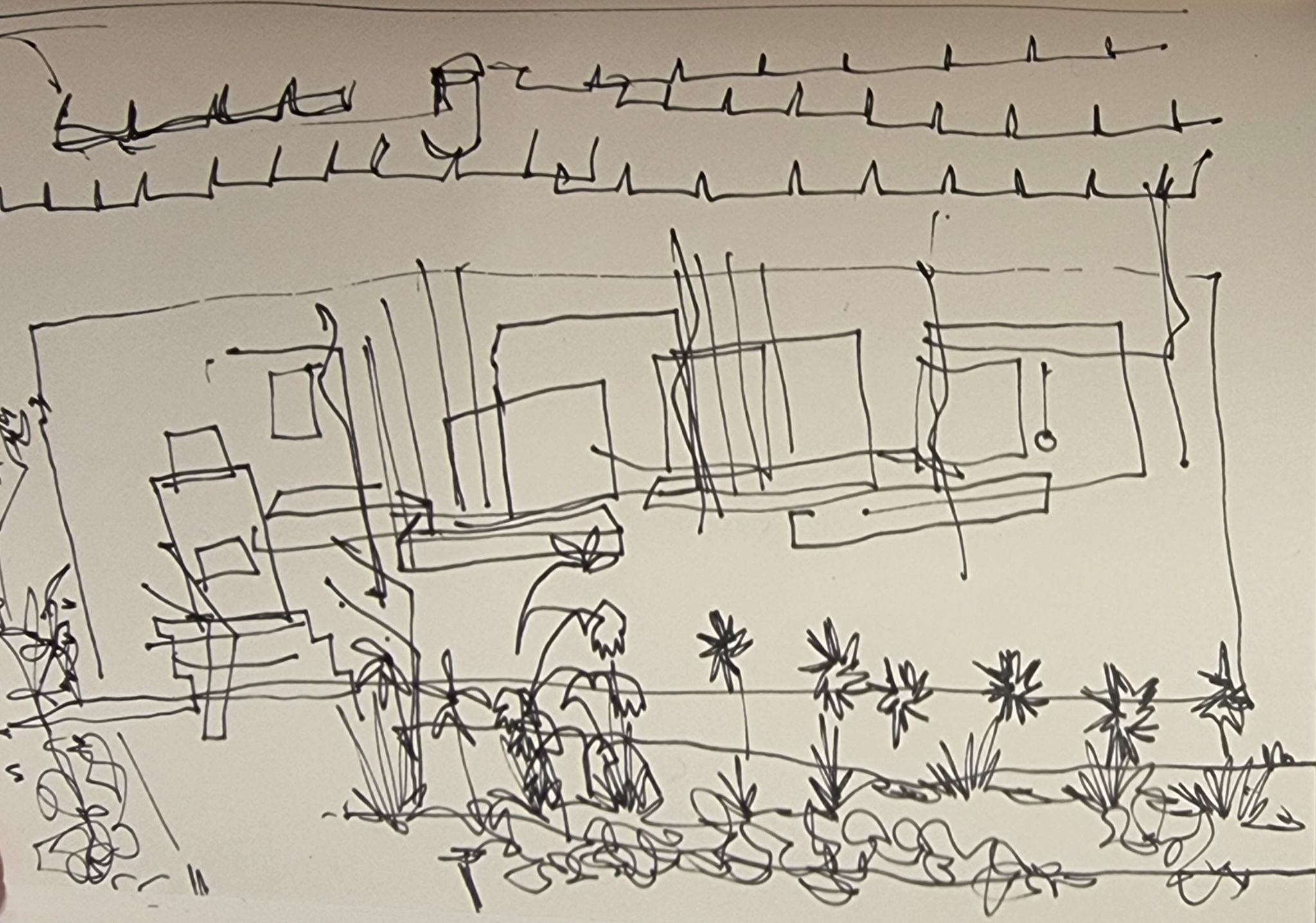 Black ink drawing of a bungalow drawn whilst blindfolded