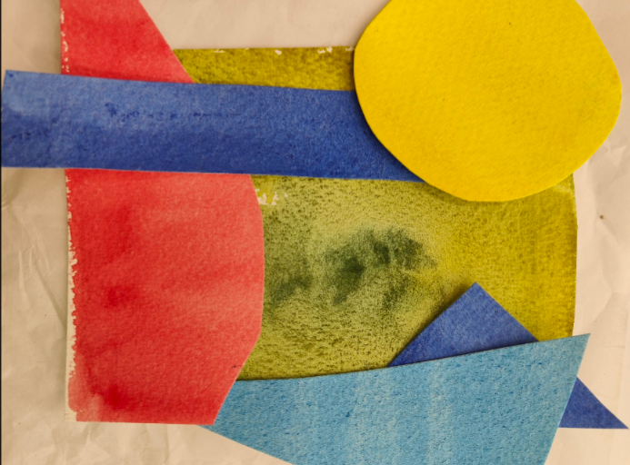 A collage of geometric cuts and different coloured pieces of watercolour papers