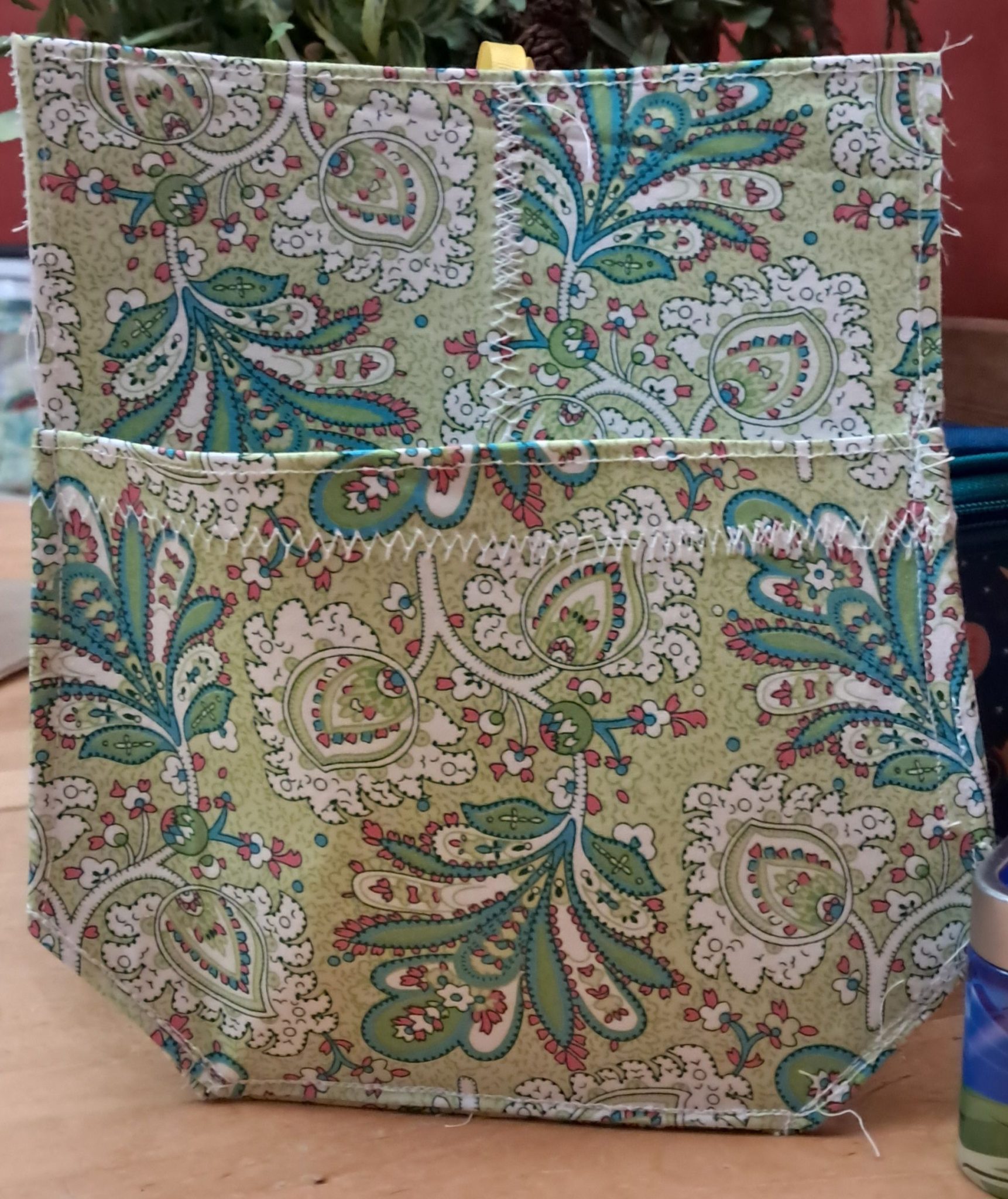 An interfaced paisley fabric pouch with a hook of ribbon. It is to hold the new artist business cards I am having printed for two exhibitions of my work that I have coming up.