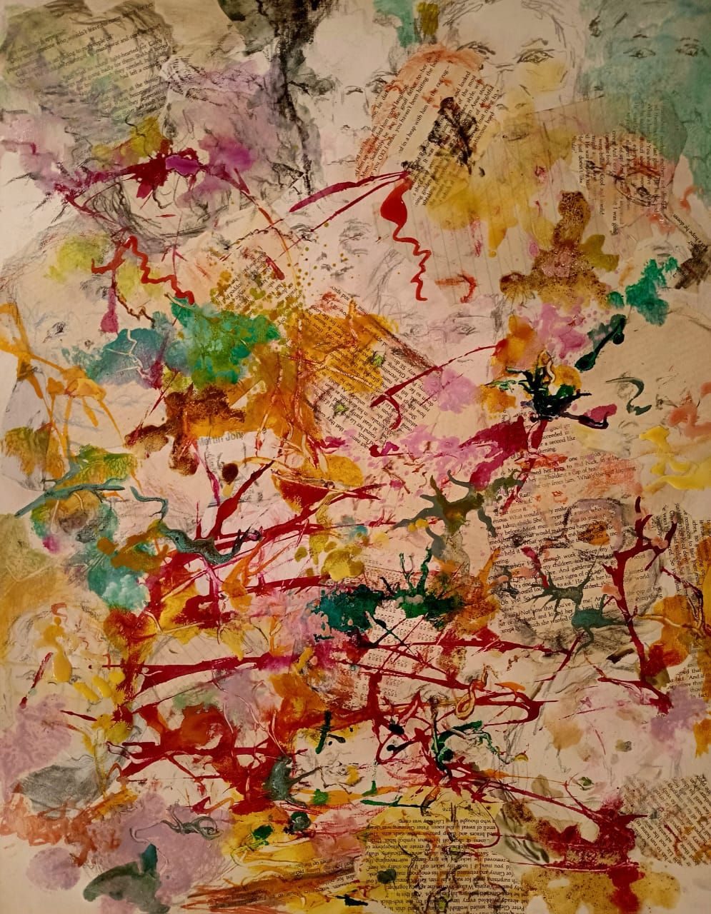 Collage with Portrait drawings on paper, painted and drawn on