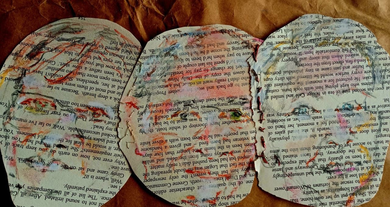 3 portraits on paper 1 Father figure 2 daughters,  on paper stitched together