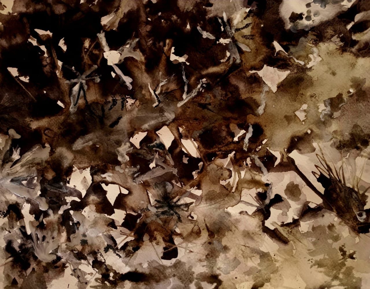 Ink, bleach, charcoal drawing