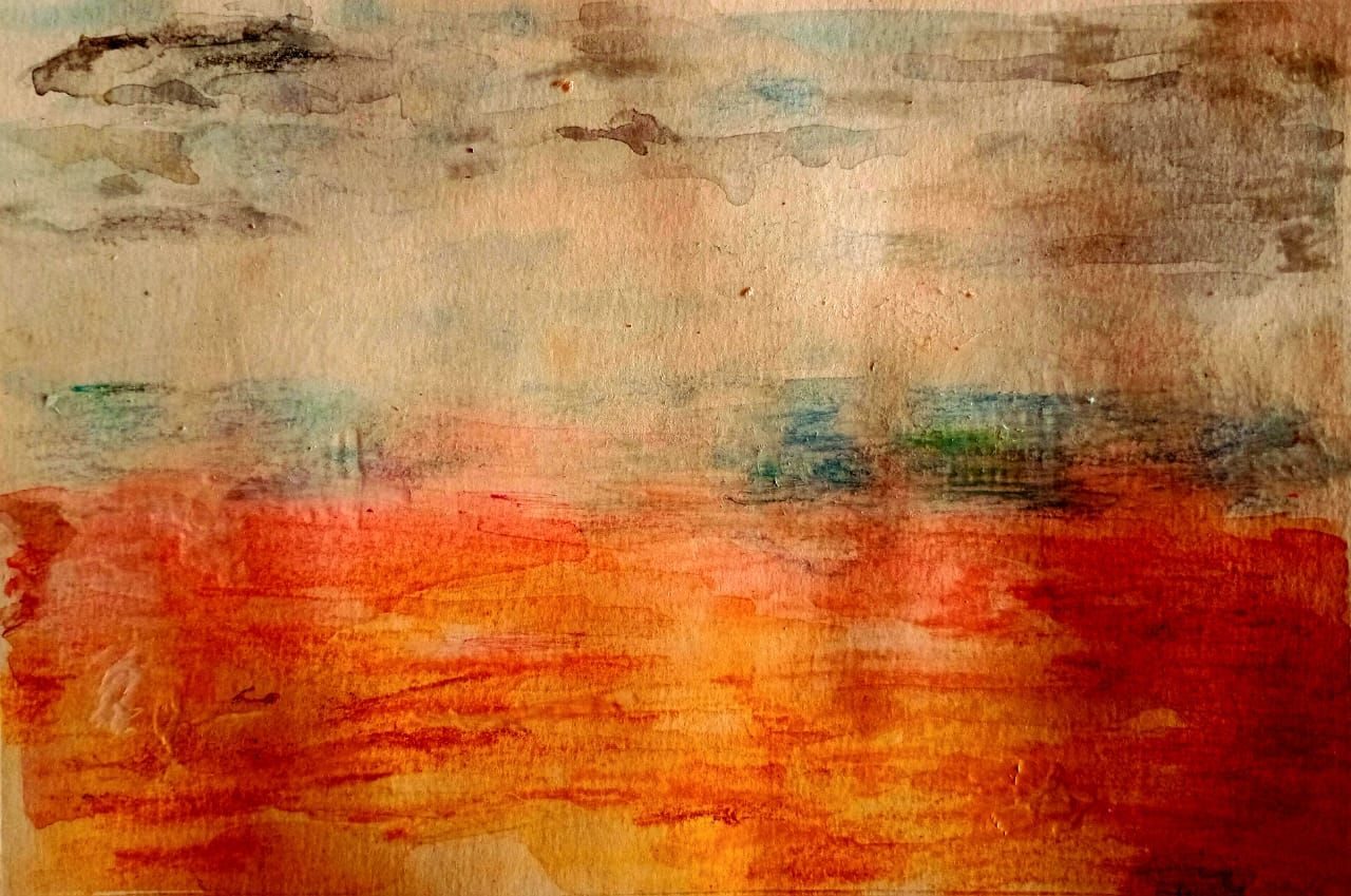 Watercolour sunset landscape on paper