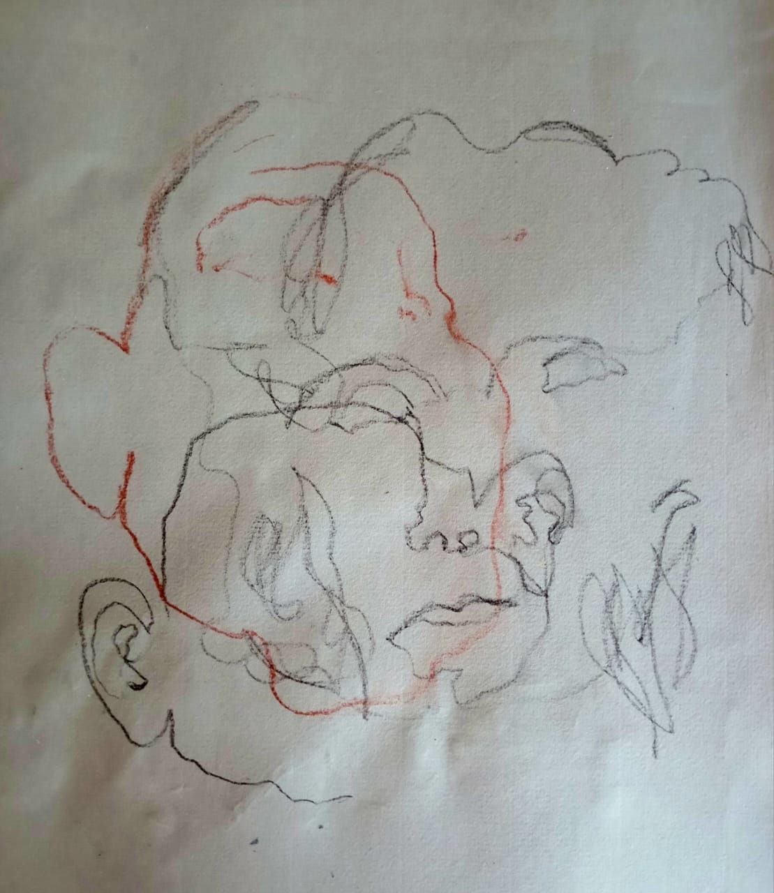 Charcoal and sepia drawing on paper. Felt, blindfolded self portrait.