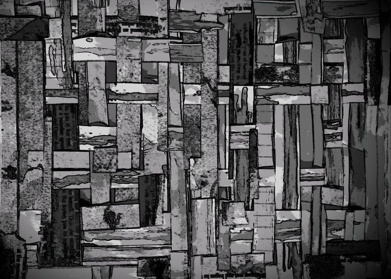 Interrupted, woven lines with paper strips