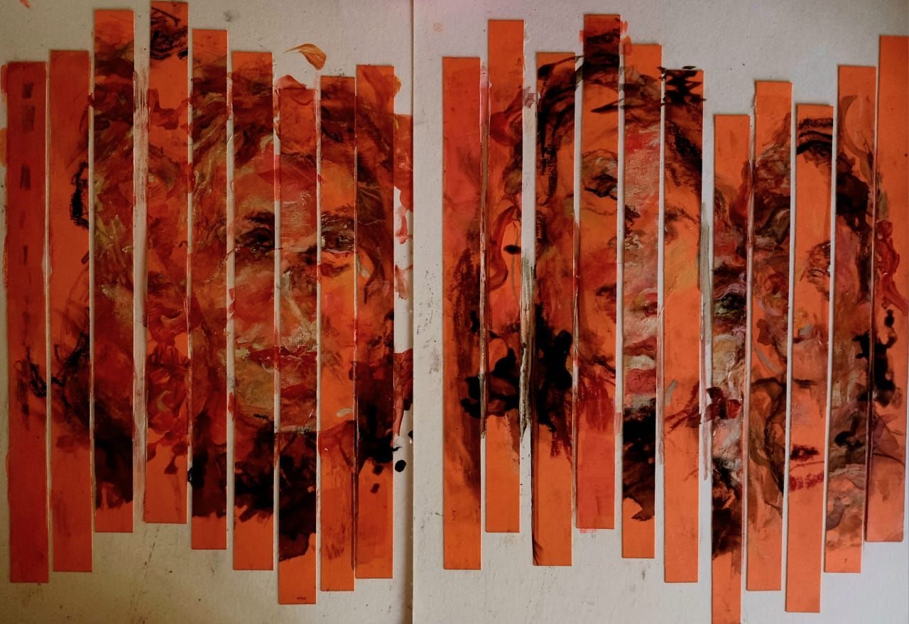 Portraits built up, cut into stripes, rearranged on paper