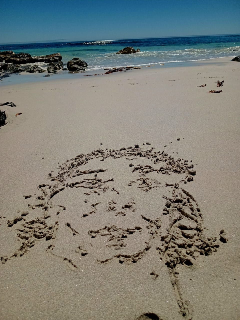 A face drawn in the sand on the beach
