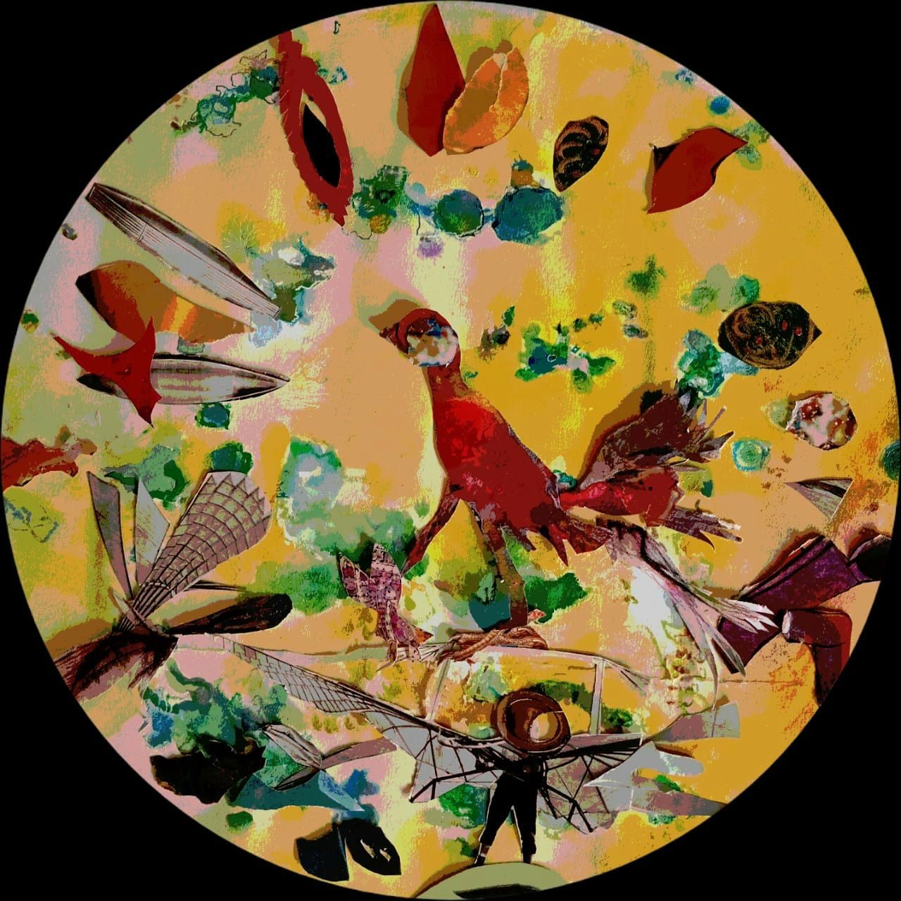 Collage with bird like,  wing like patterns circular shape on paper