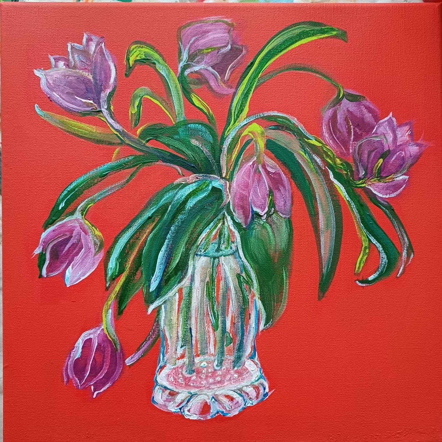Painting if a bunch of pink tulips in a glass decorative vase on a red background