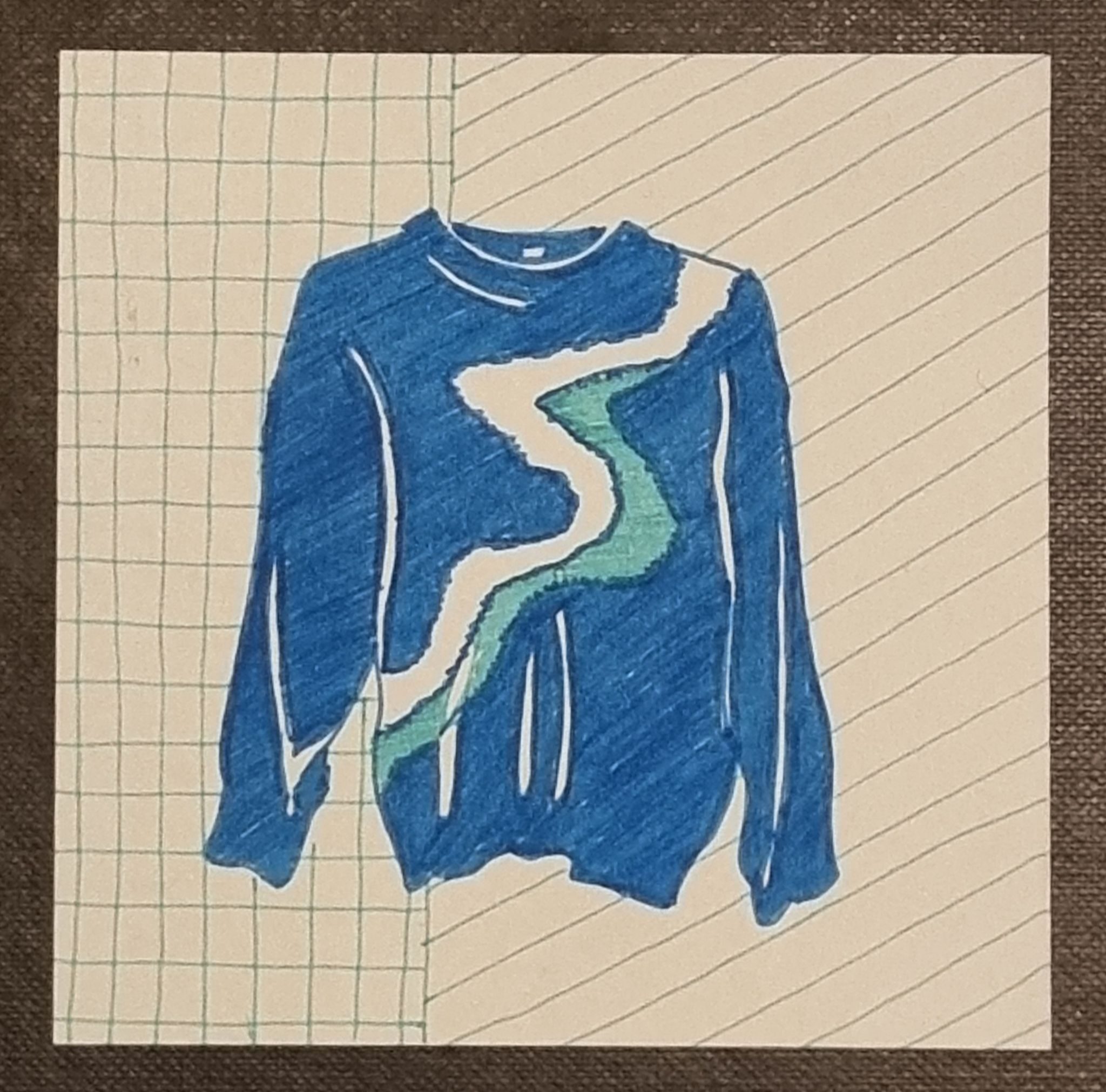 High contrast ink drawing of blue jumper with white and aqua pattern, on white and aqua grid and striped background.