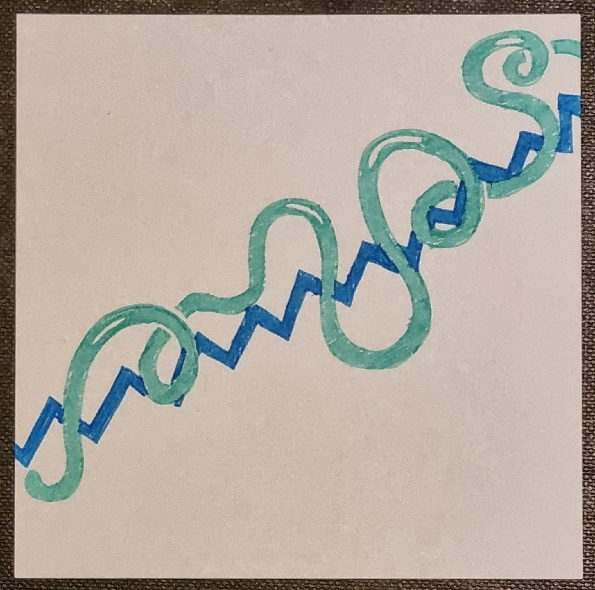 Looped wavy line shape in aqua with blue jagged line underneath, on white background.