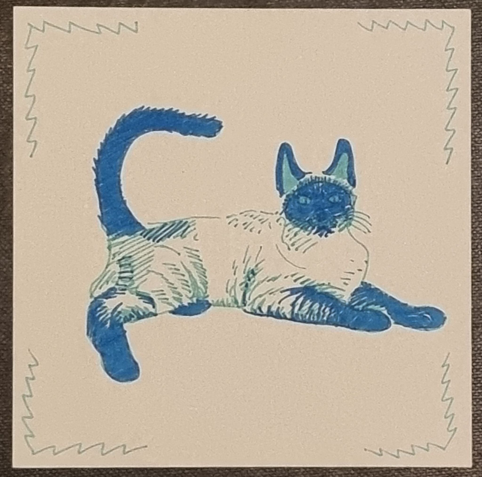 Two-tone drawing of Siamese cat laying down, in blue and aqua on white background with aqua zigzag corner borders.