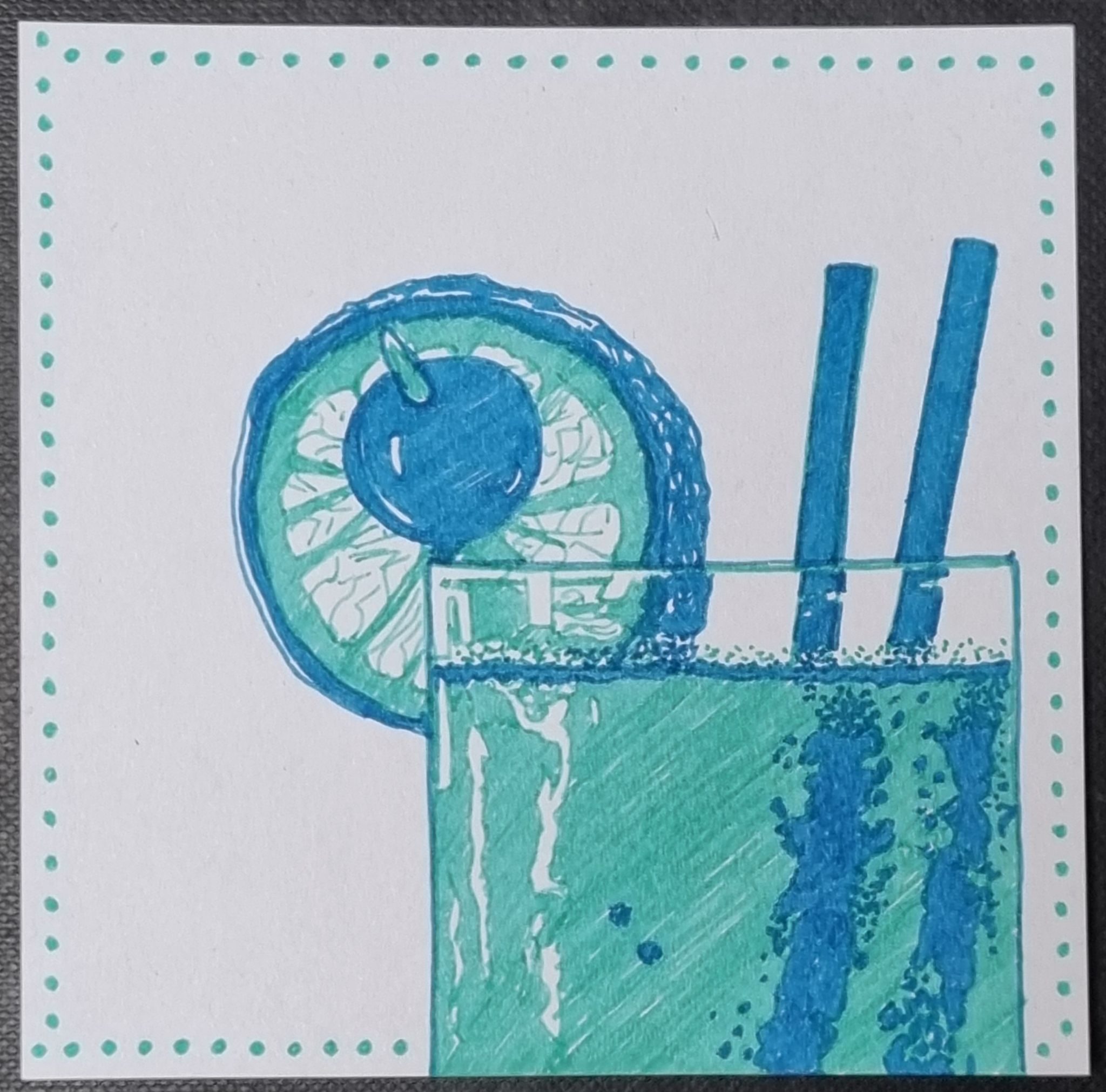 High-contrast blue and aqua ink drawing of cocktail glass with citrus fruit slice, cherry and two straws, on white background with aqua dot border