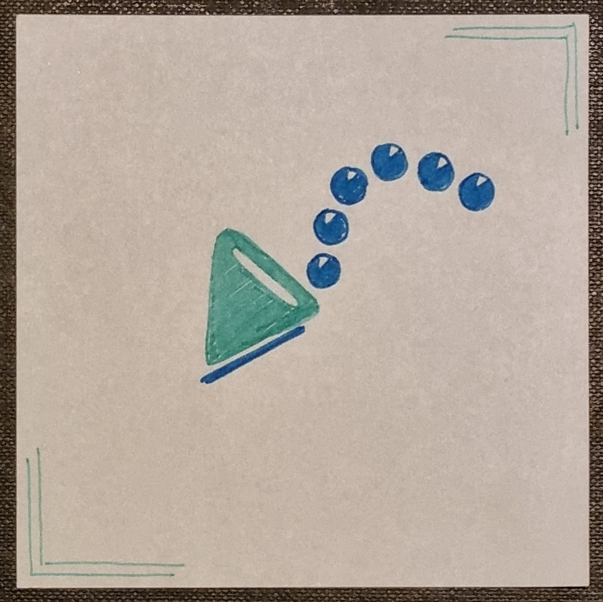 Aqua triangle shape next to arc of small blue circles, on white background with aqua line borders in bottom left and top right corners.