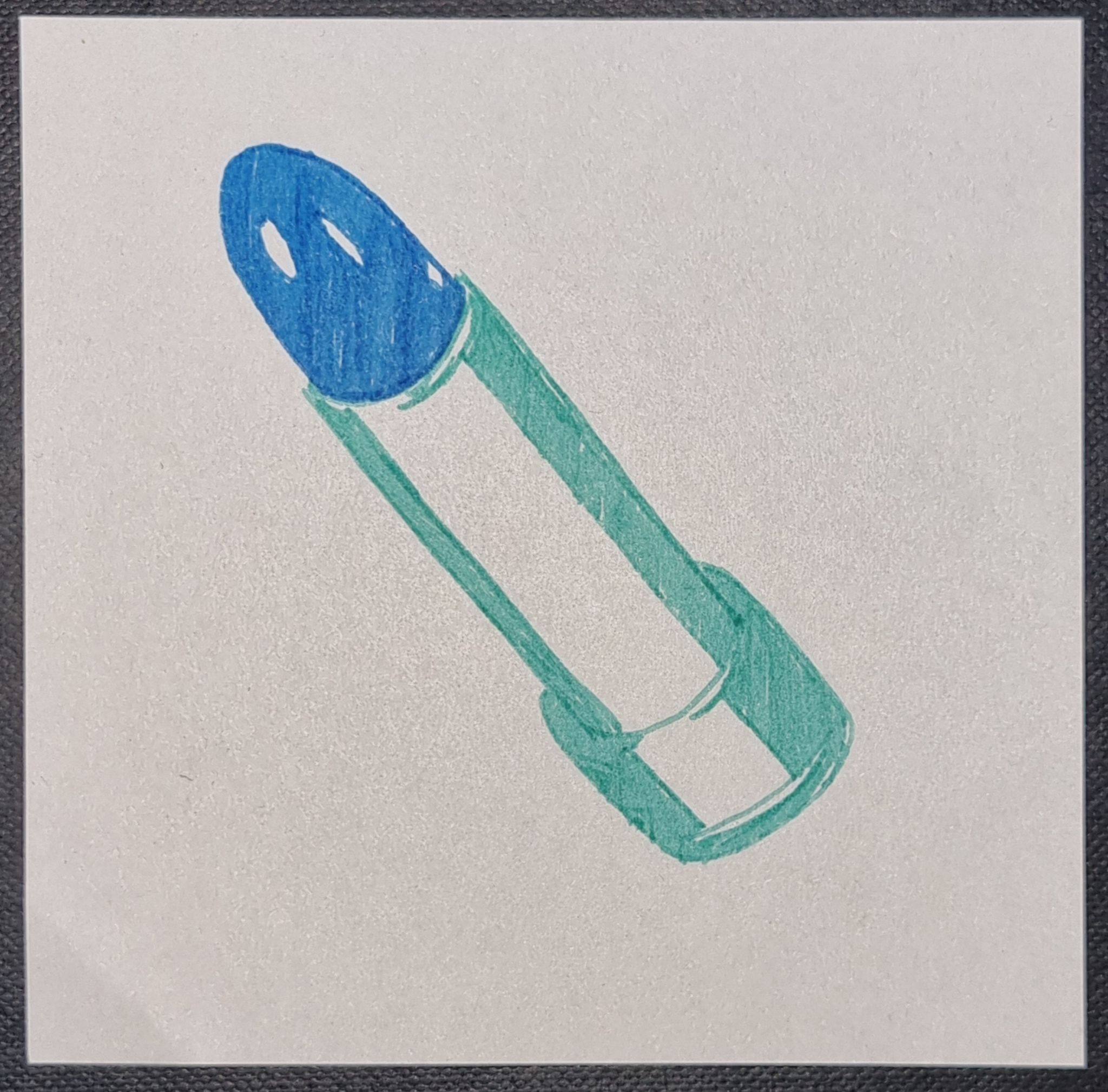 High contrast ink drawing of blue lipstick in aqua and white case, leaning diagonally to the left, on a white background.