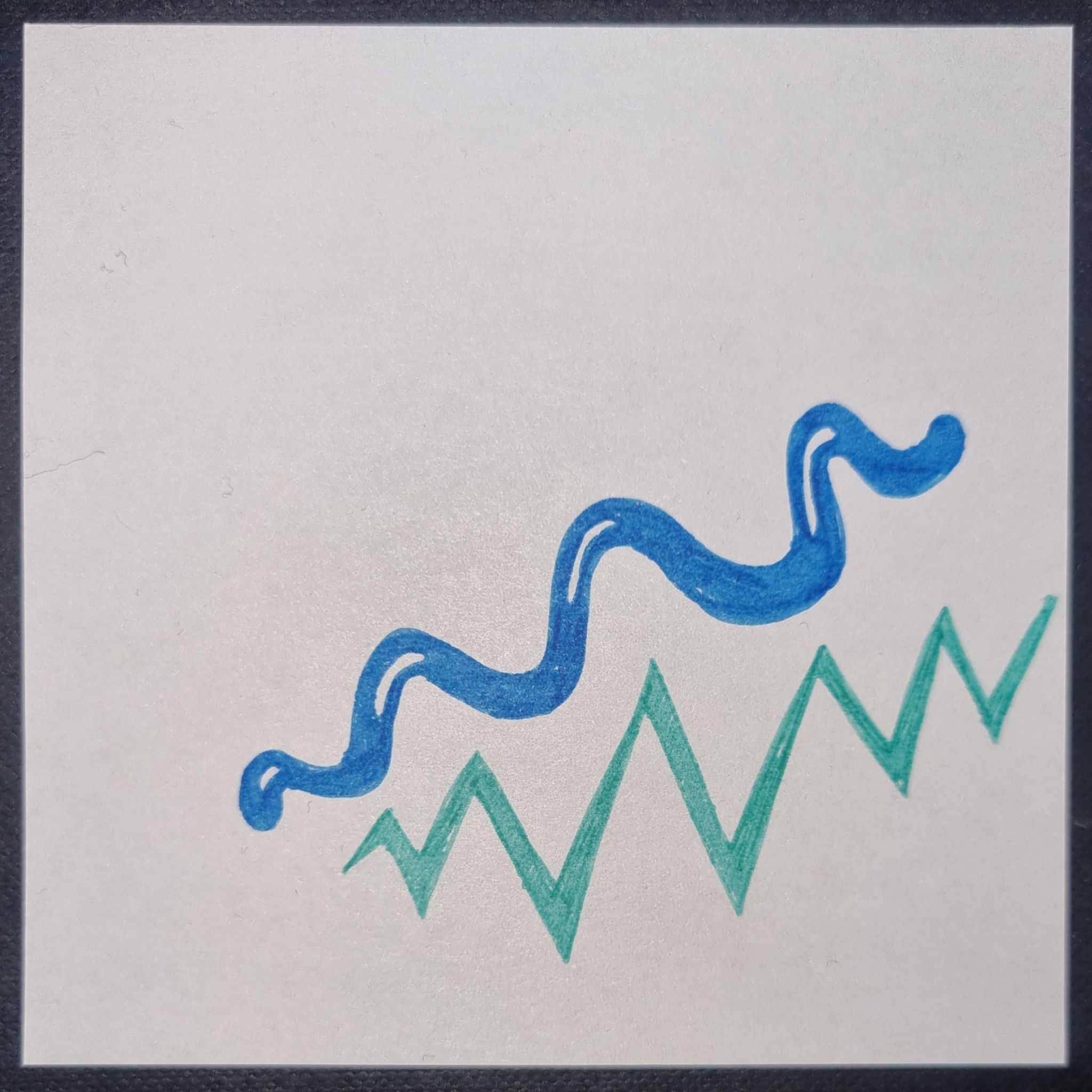 Blue wiggly line with white blocks of light, and aqua zig zag line, on white background