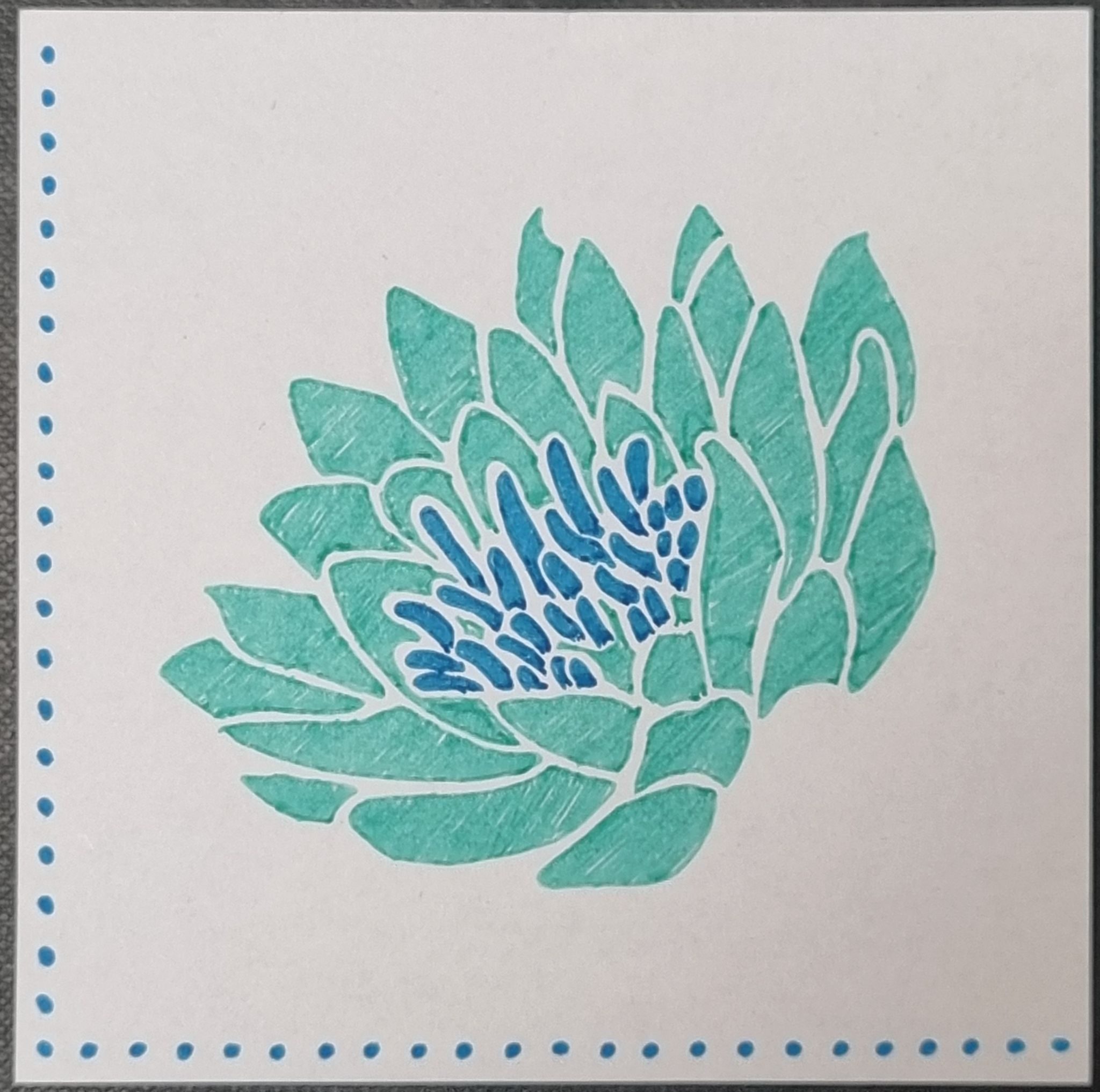 High contrast abstracted ink drawing of lotus flower with aqua petals and blue inside parts, on white square background with blue dot border along left and bottom edges