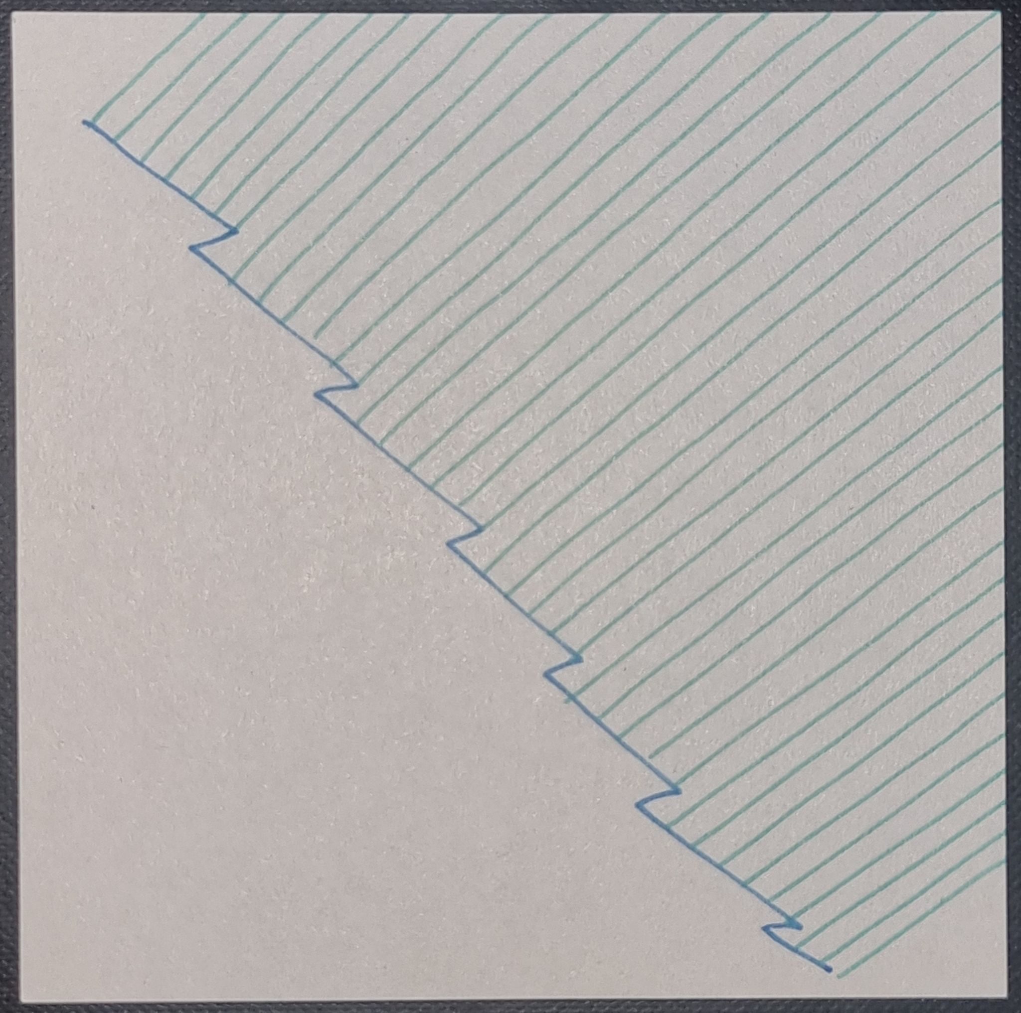White square page with blue jagged line diagonal (from top left to bottom right corner) and aqua stripes from right hand side of this line to the edges of the page.