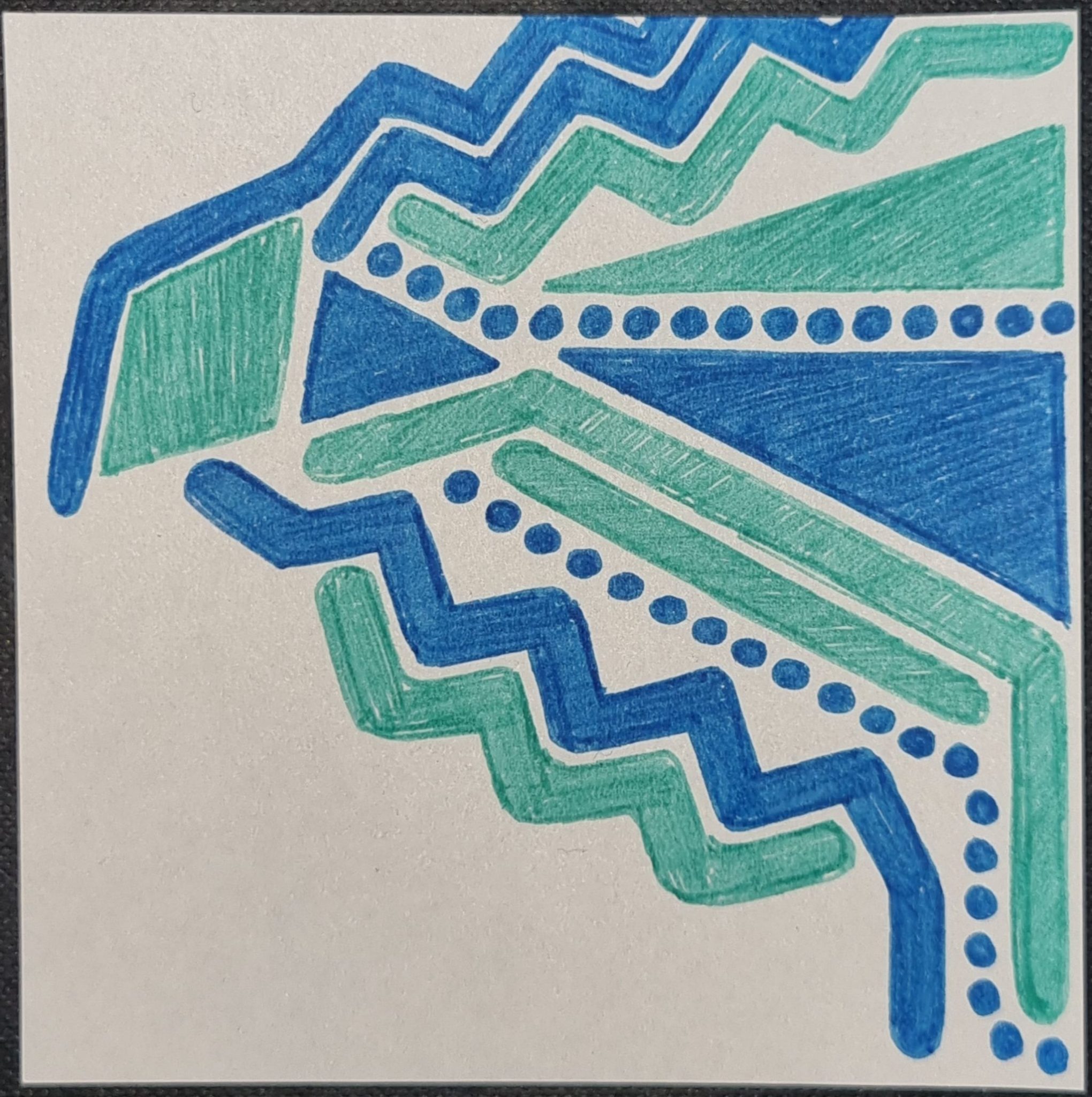 White square background with blue and aqua abstract geometric shapes (diamond and triangles) with tessellating blue and aqua tubular zig-zag and dotted lines.