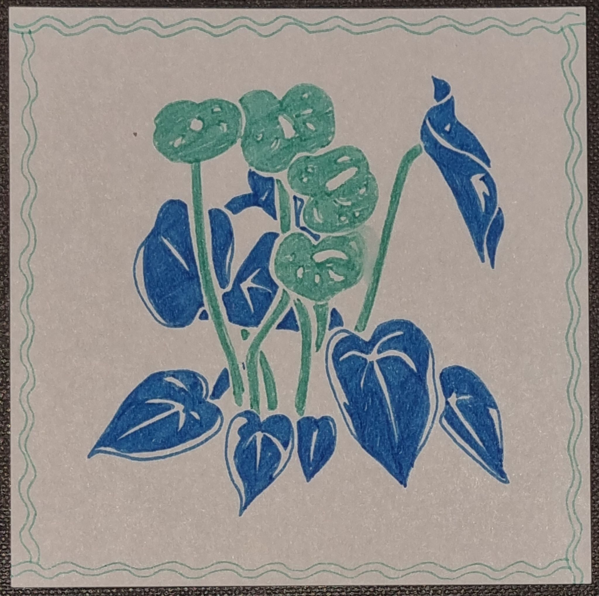 High-contrast abstracted ink drawing of anthurium plant with aqua flowers, aqua stems and blue leaves, on white square background with aqua wavy line borders.