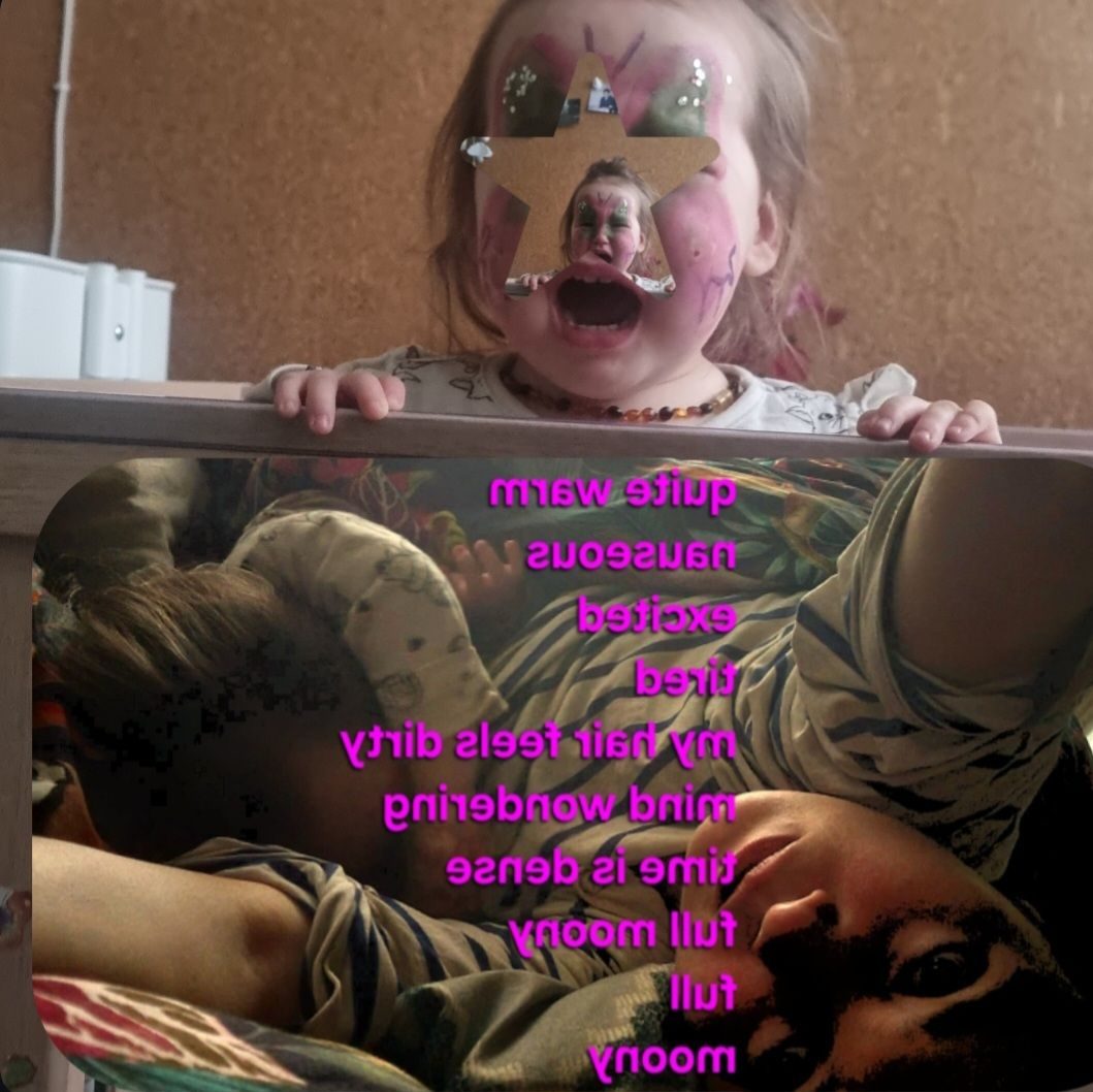 Collage depicting a semi hidden upset toddler face and a selfie if mother and sleeping child with a mirrored written pink coloured text