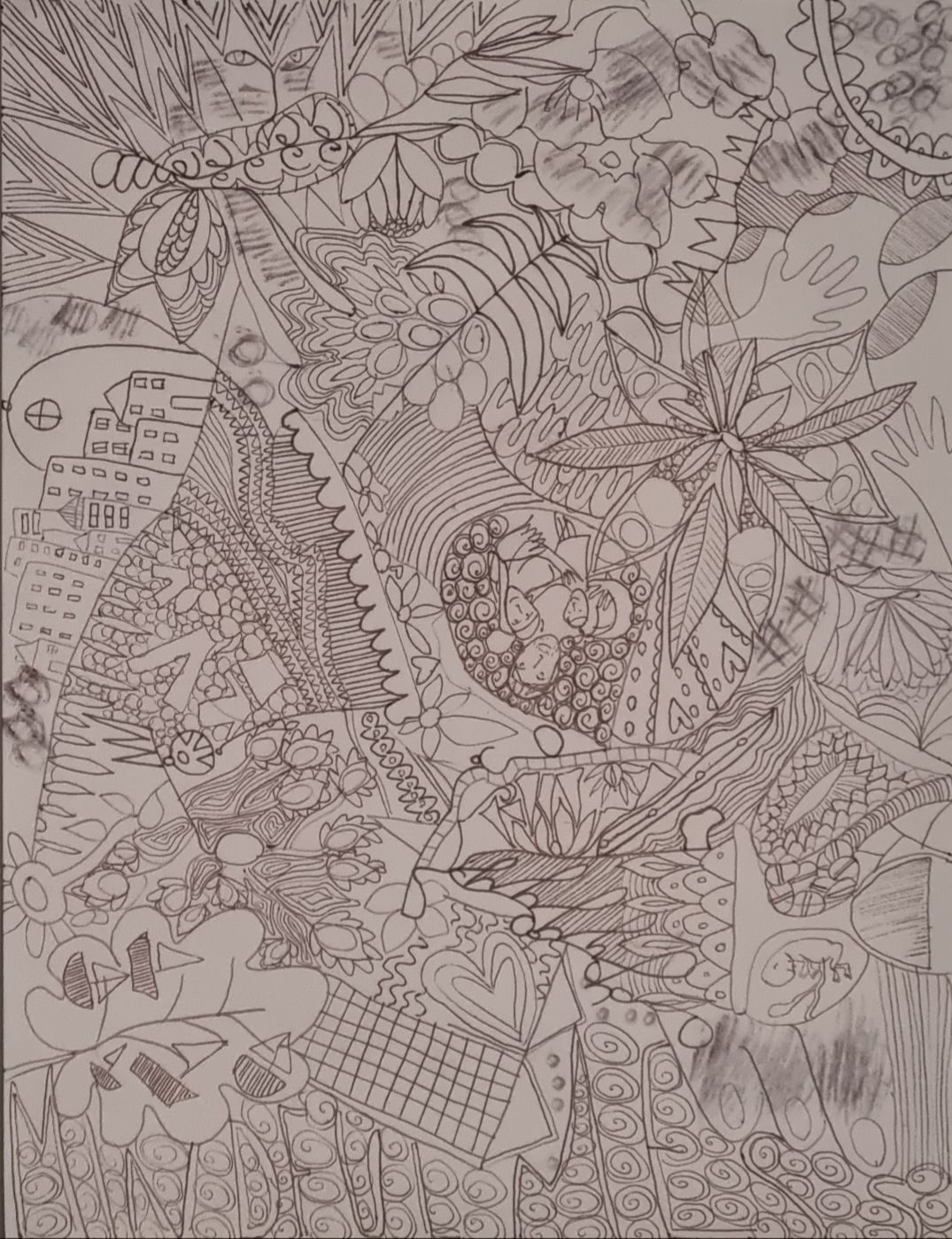 Pen drawing with a lot of random designs some abstract and some litteral, tightly grouped and covering an A4 paper