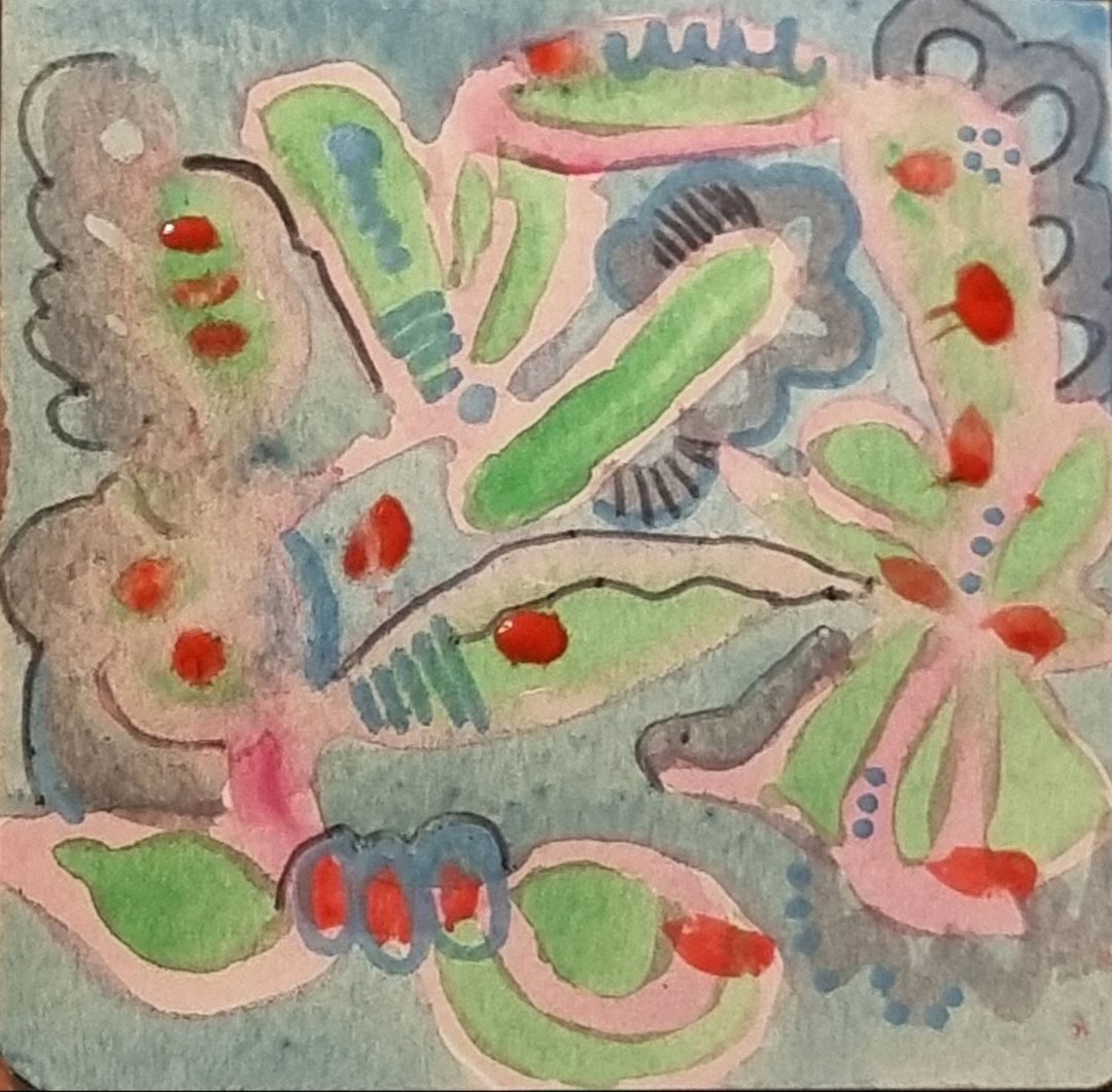 Abstract aquarelle with touches of paint pen and black oen